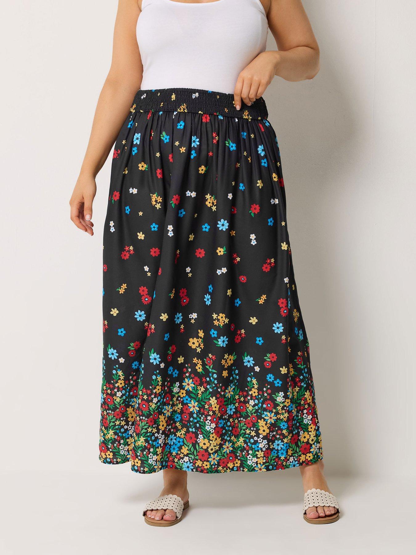 Yours Curve Ditsy Border Midaxi Skirt - Black