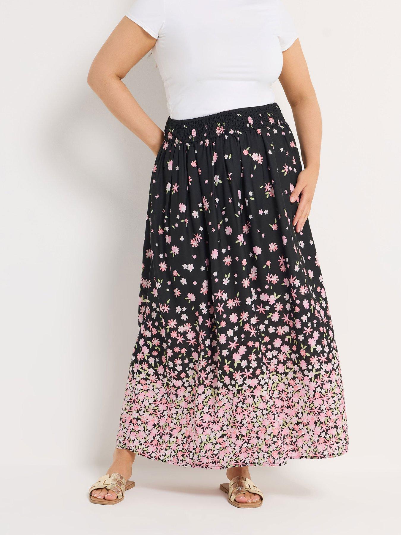Yours Curve Ditsy Border Midaxi Skirt - Black