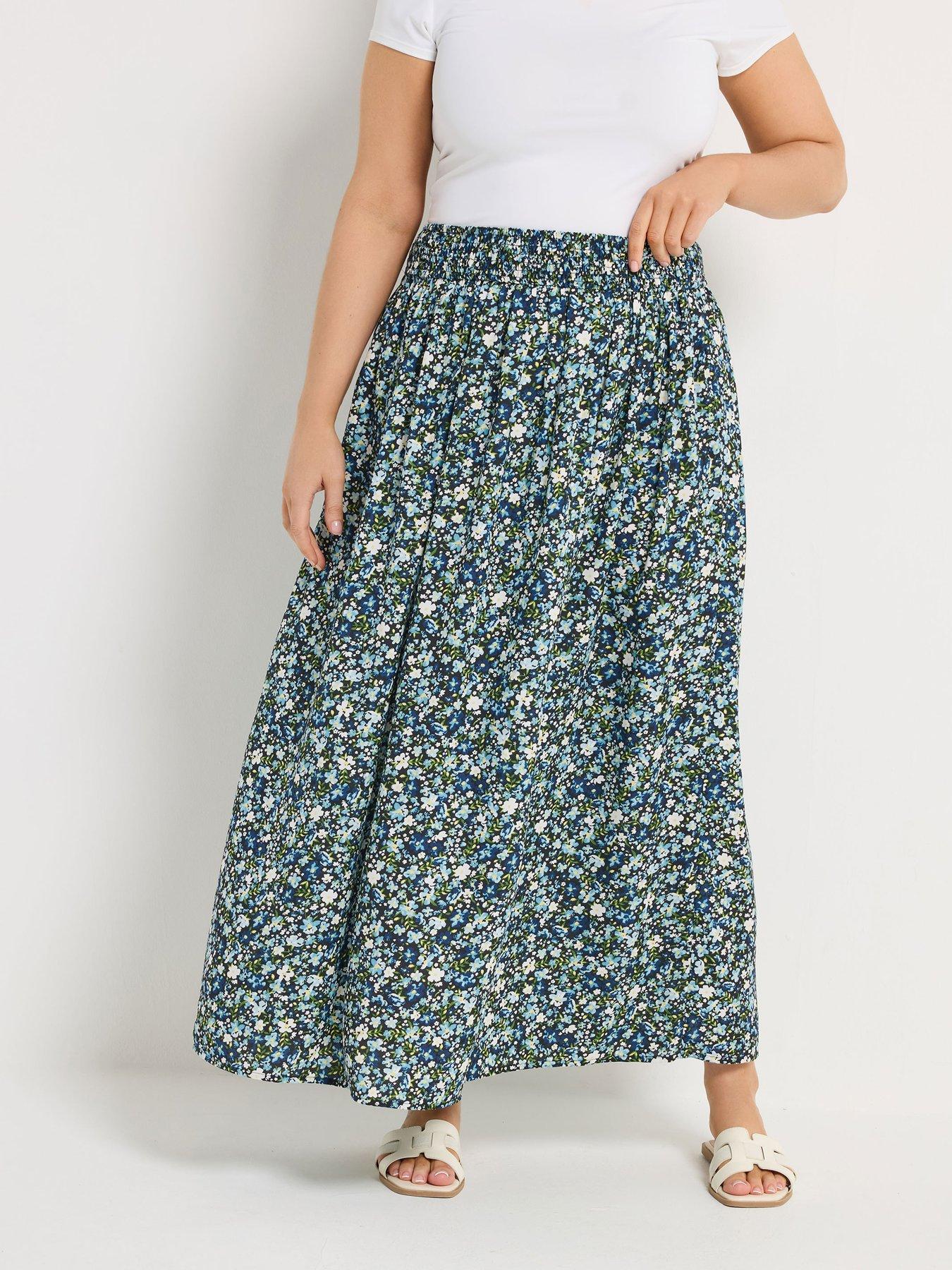 Yours Curve Ditsy Midaxi Skirt - Blue