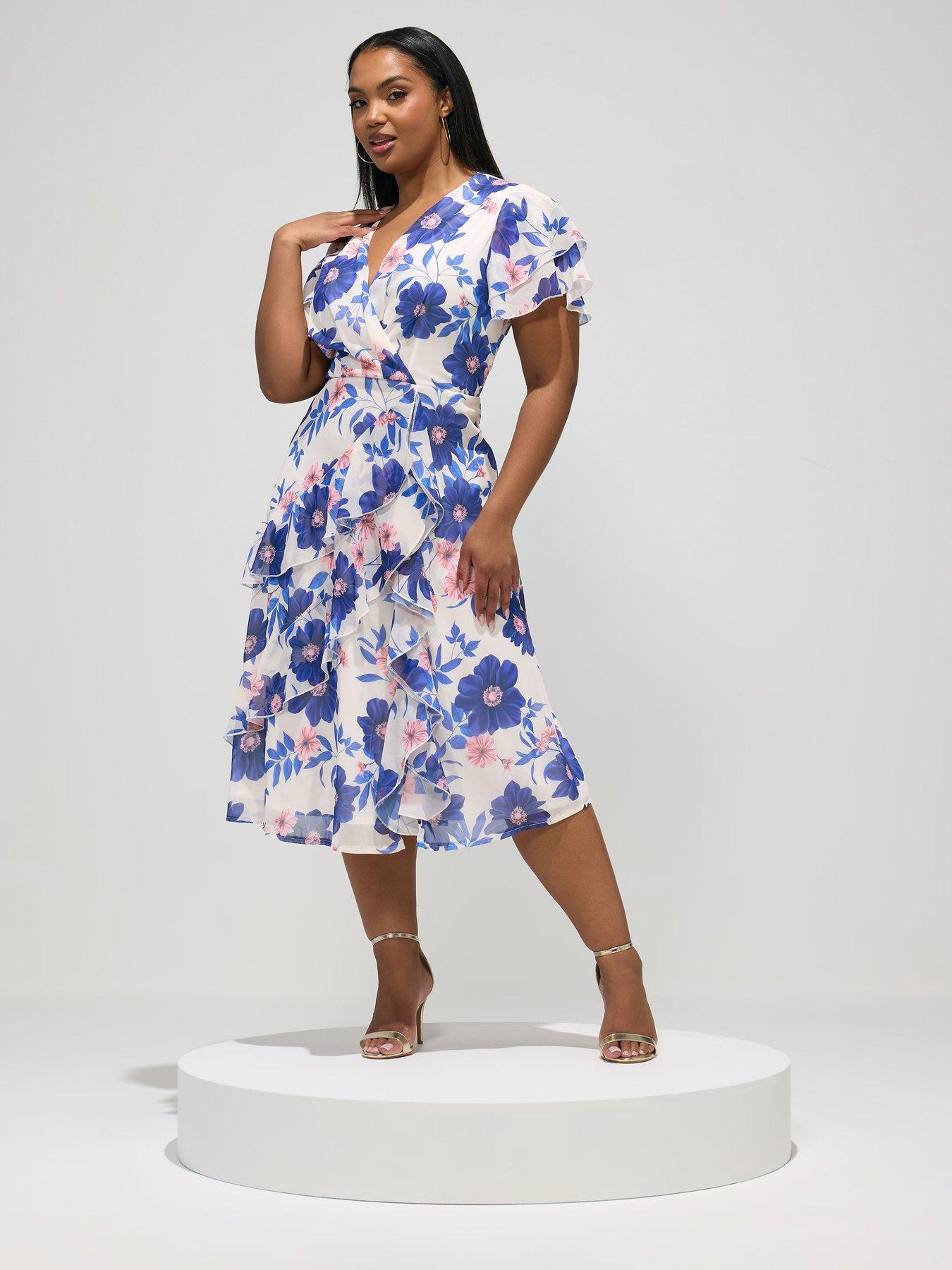 Yours Curve Floral Ruffle Wrap Dress - White