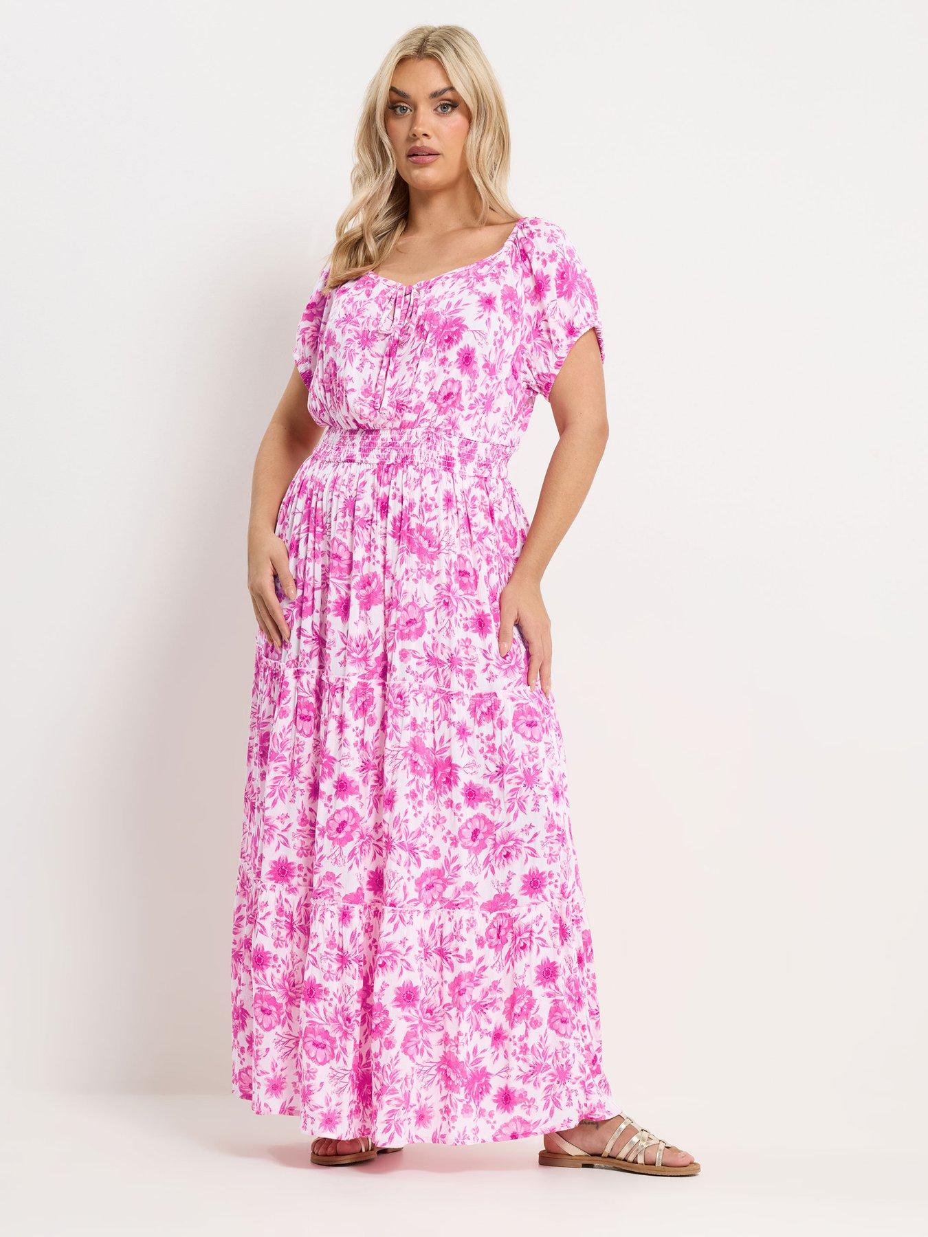 Yours Curve  Floral Tie Neck Bardot Maxi Dress - Pink