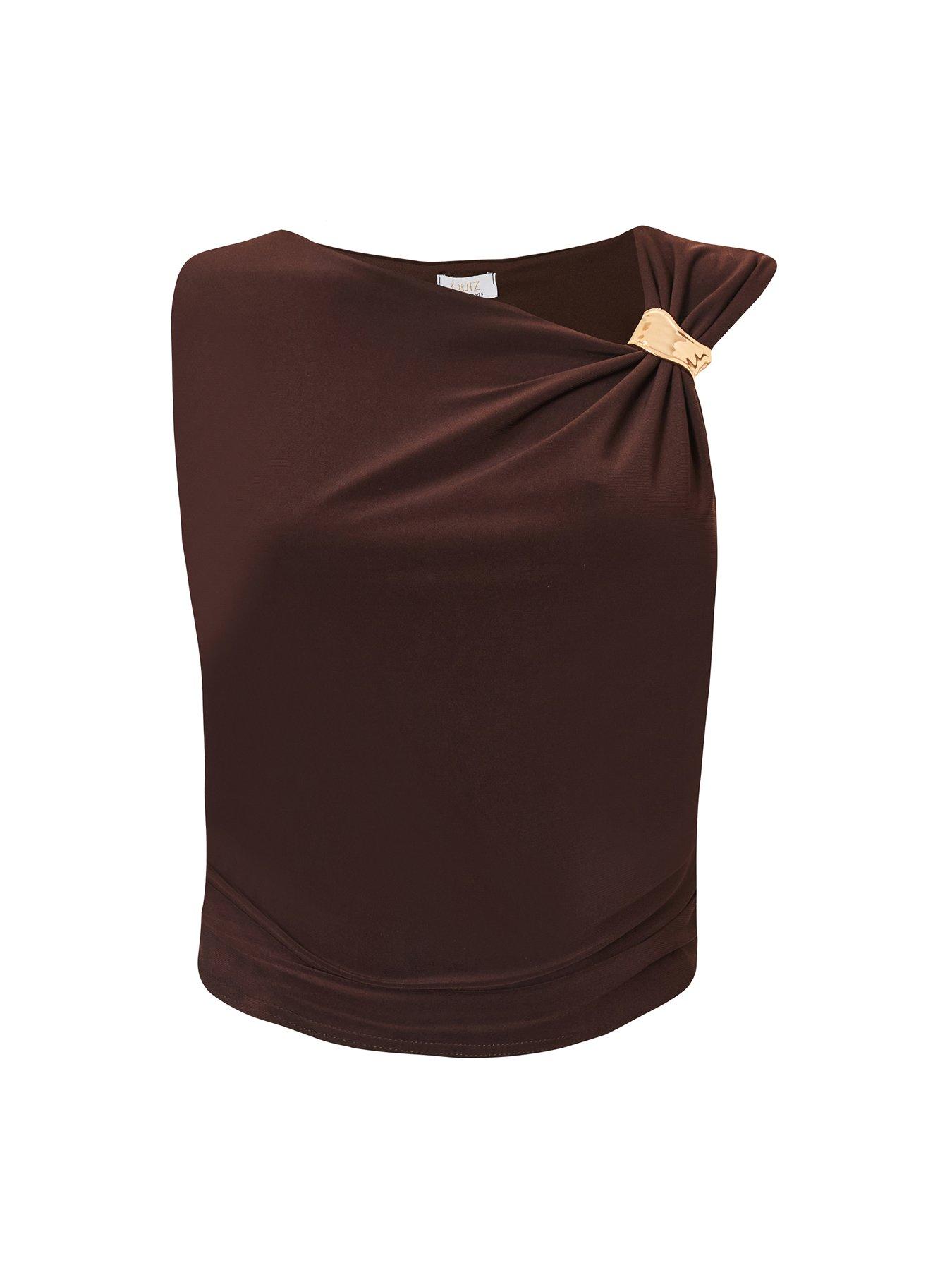 image of quiz-brown-gold-trim-cropped-top
