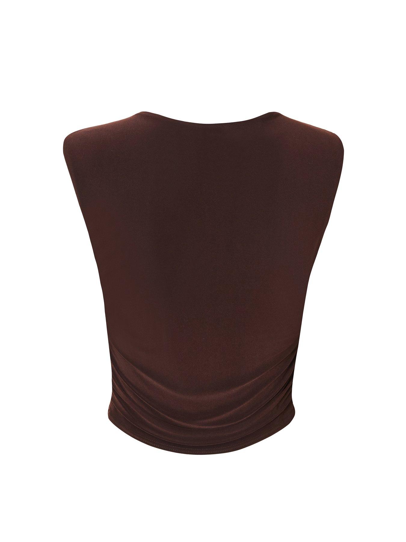  image of quiz-brown-gold-trim-cropped-top