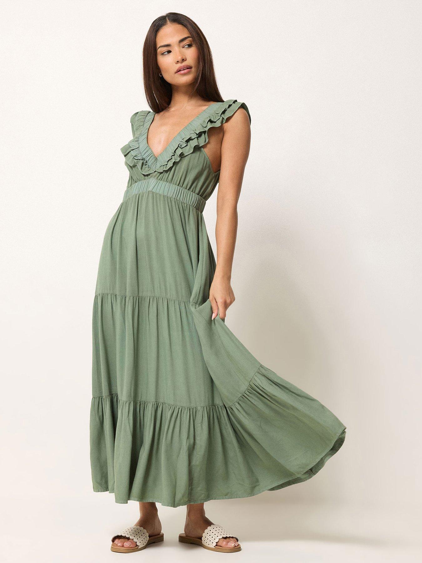 PixieGirl Petite Acid Wash Frill Maxi Dress - Green
