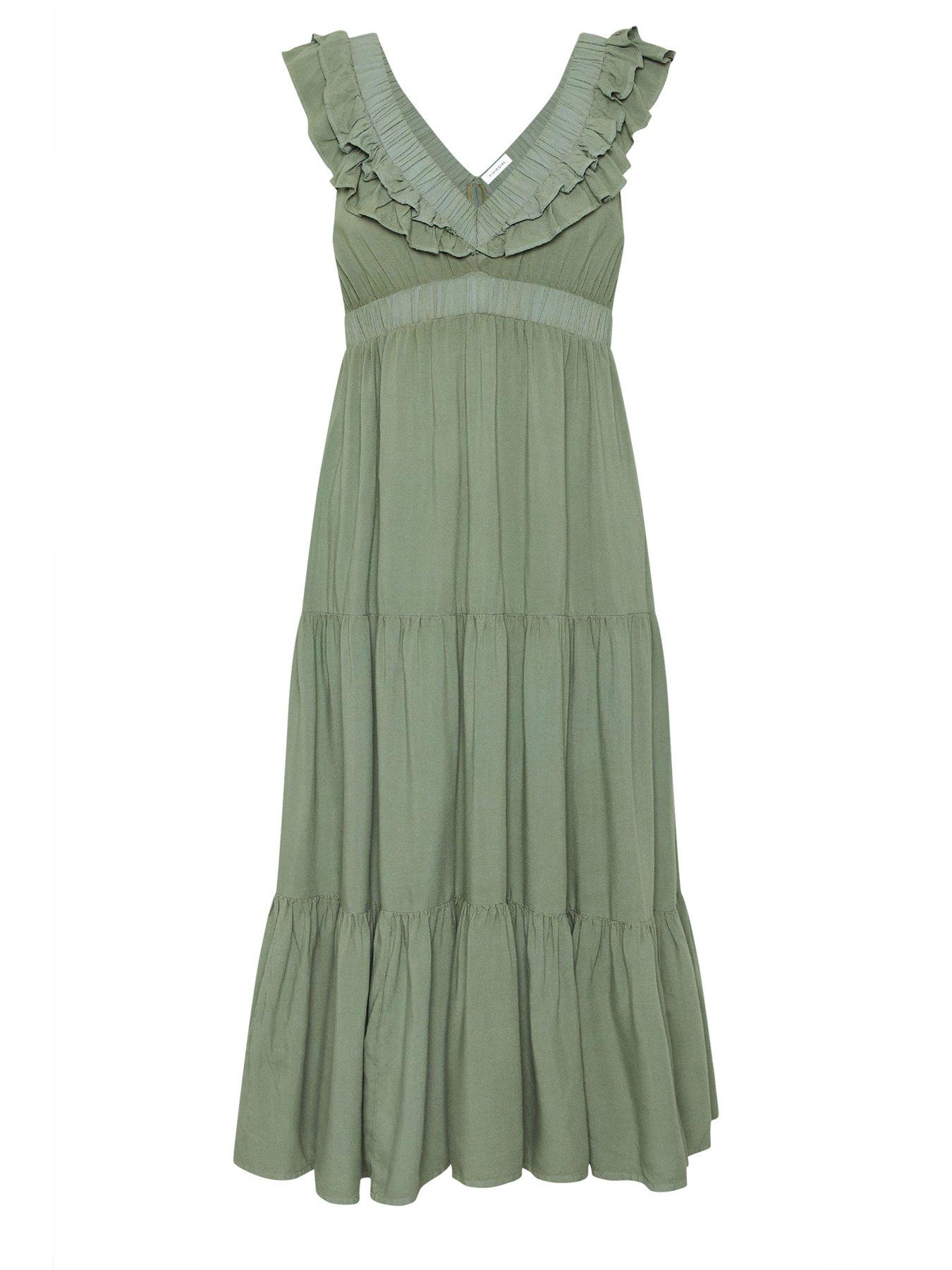 PixieGirl Petite Acid Wash Frill Maxi Dress - Green | Littlewoods