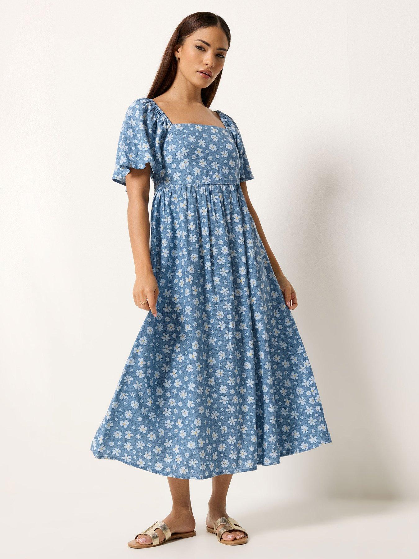 PixieGirl Petite Spot Daisy Square Neck Midi Dress
