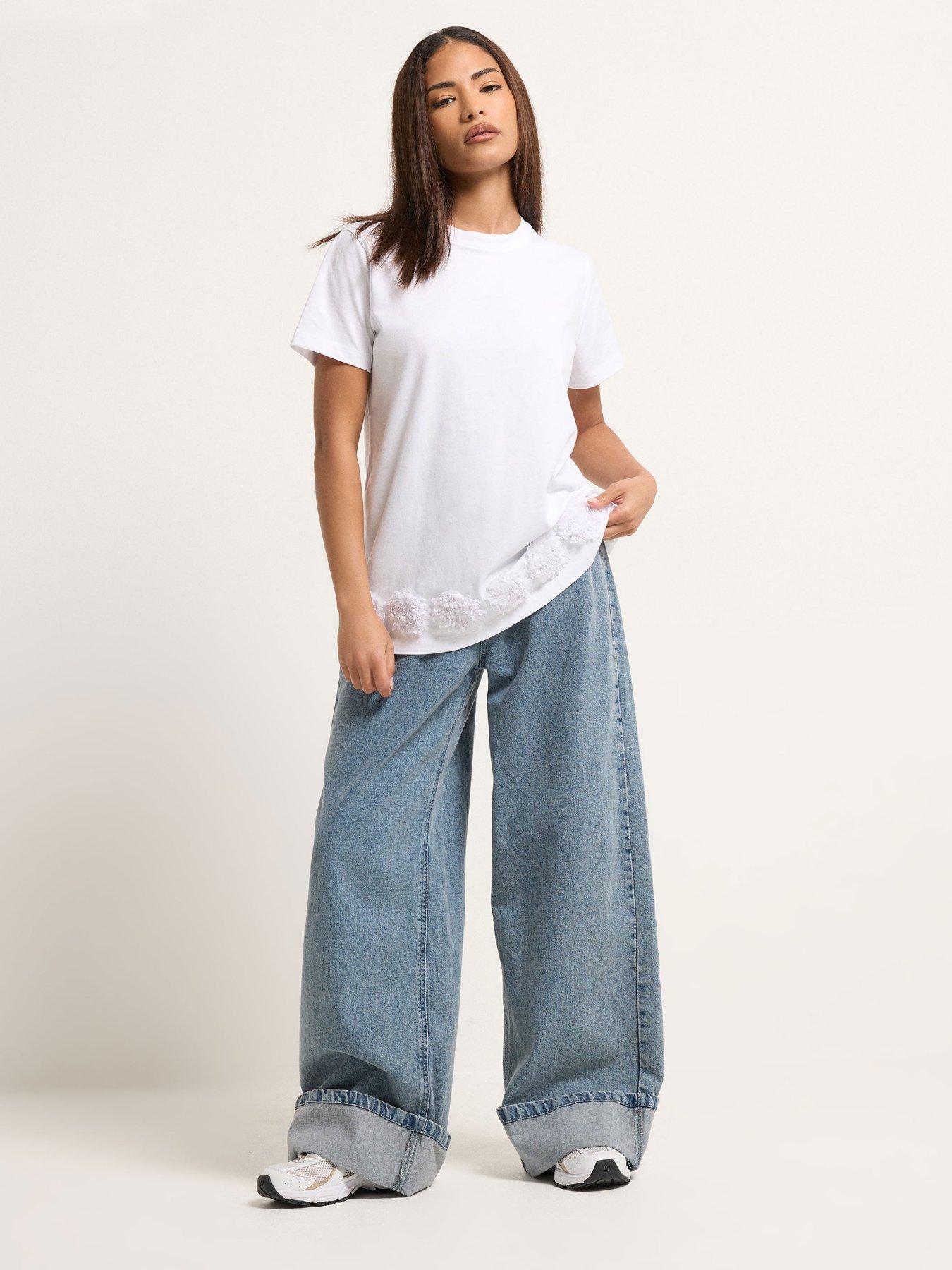 Image 3 of 4 of PixieGirl Petite Flower Hem T-Shirt - White