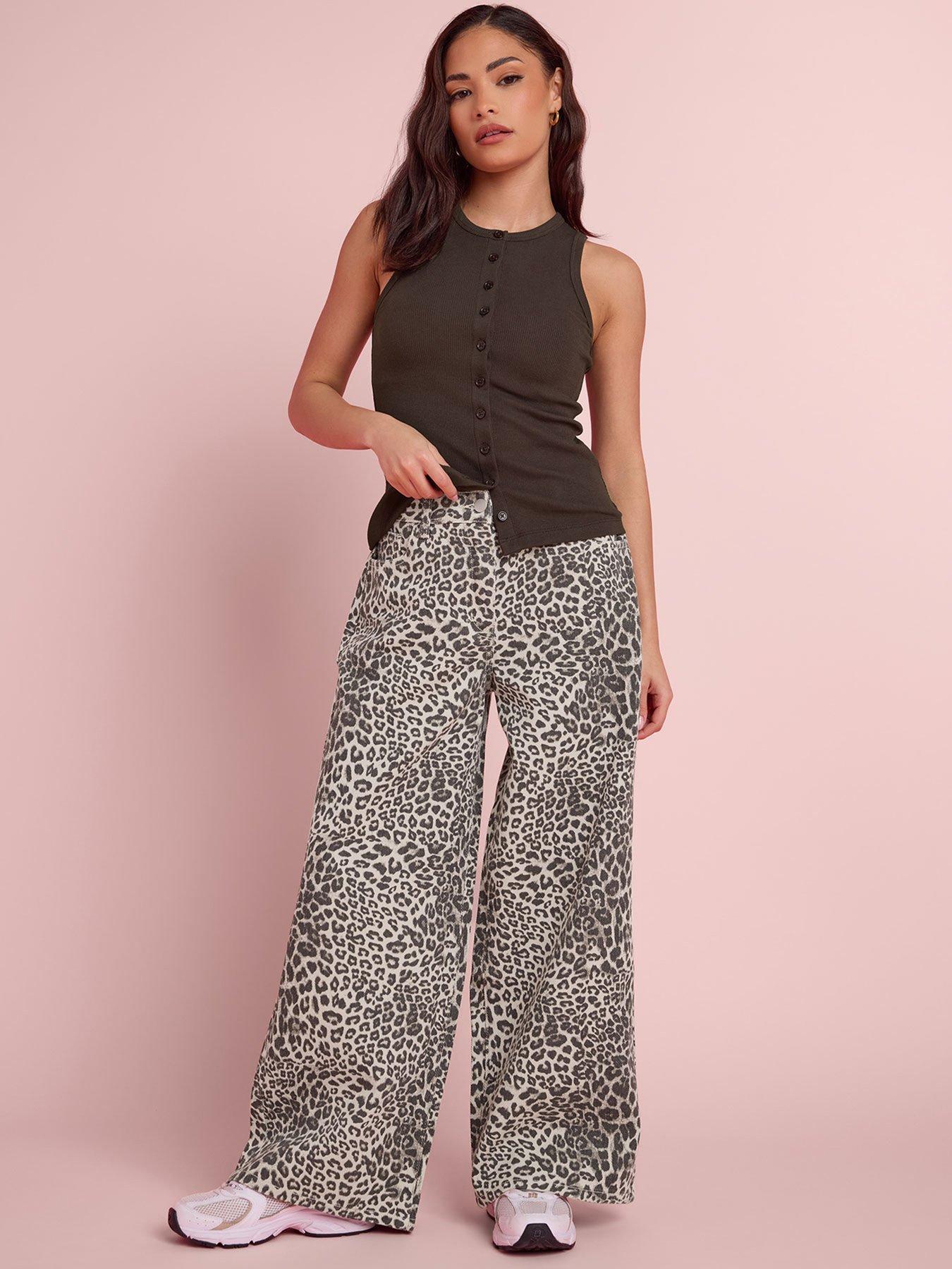 PixieGirl Petite Animal Wide Leg Jeans - Brown