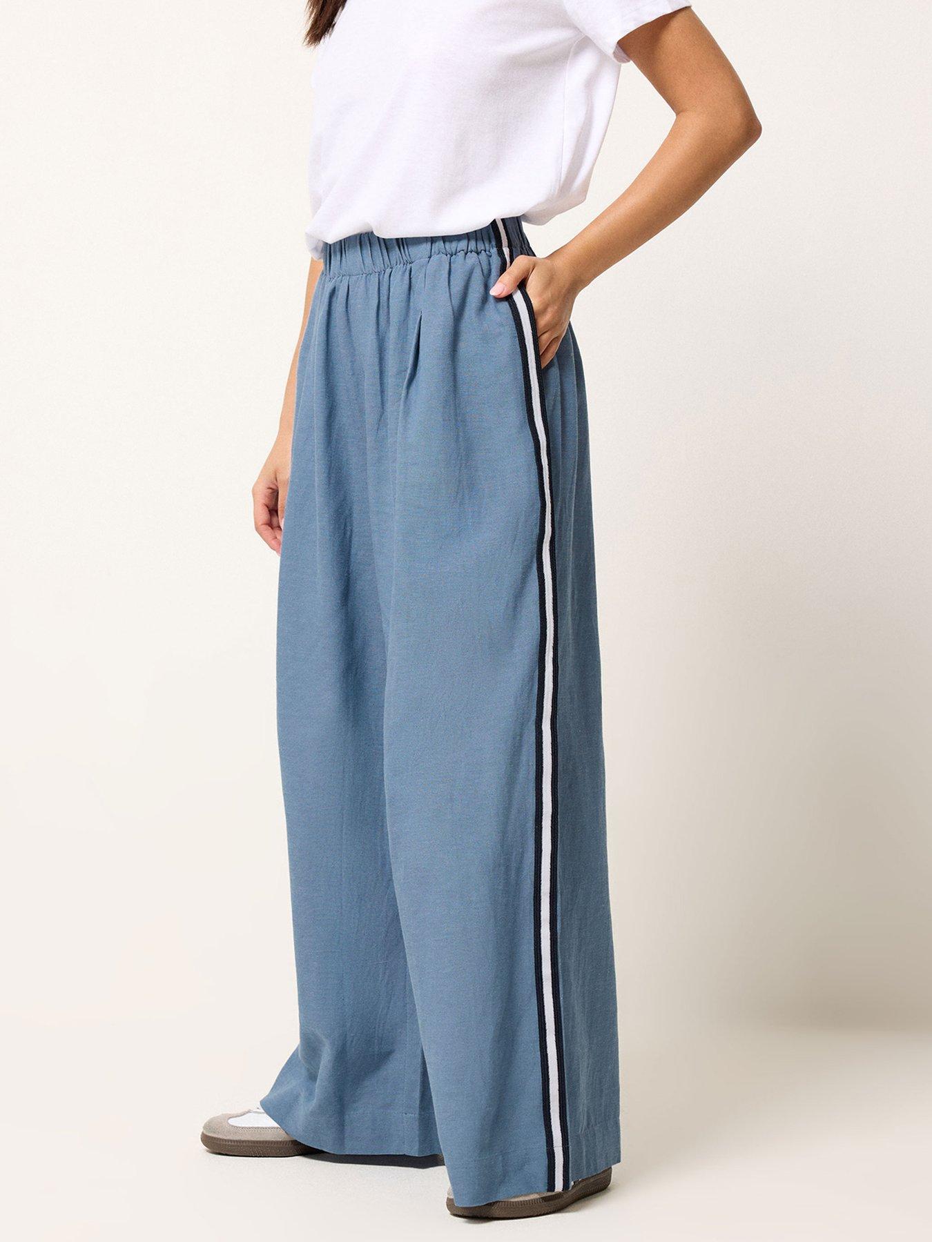front image of pixiegirl-petite-side-stripe-wide-leg-trousers-blue