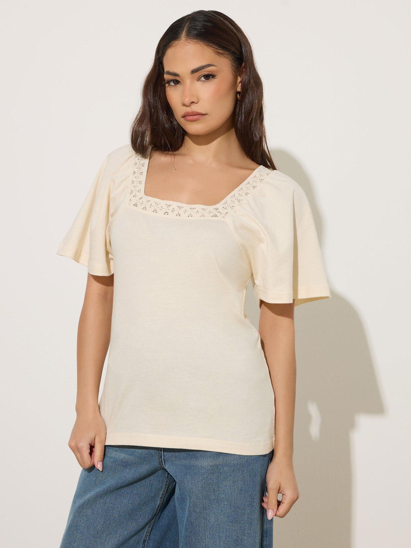 PixieGirl Petite Crochet Neck Flutter Sleeve Top - Cream