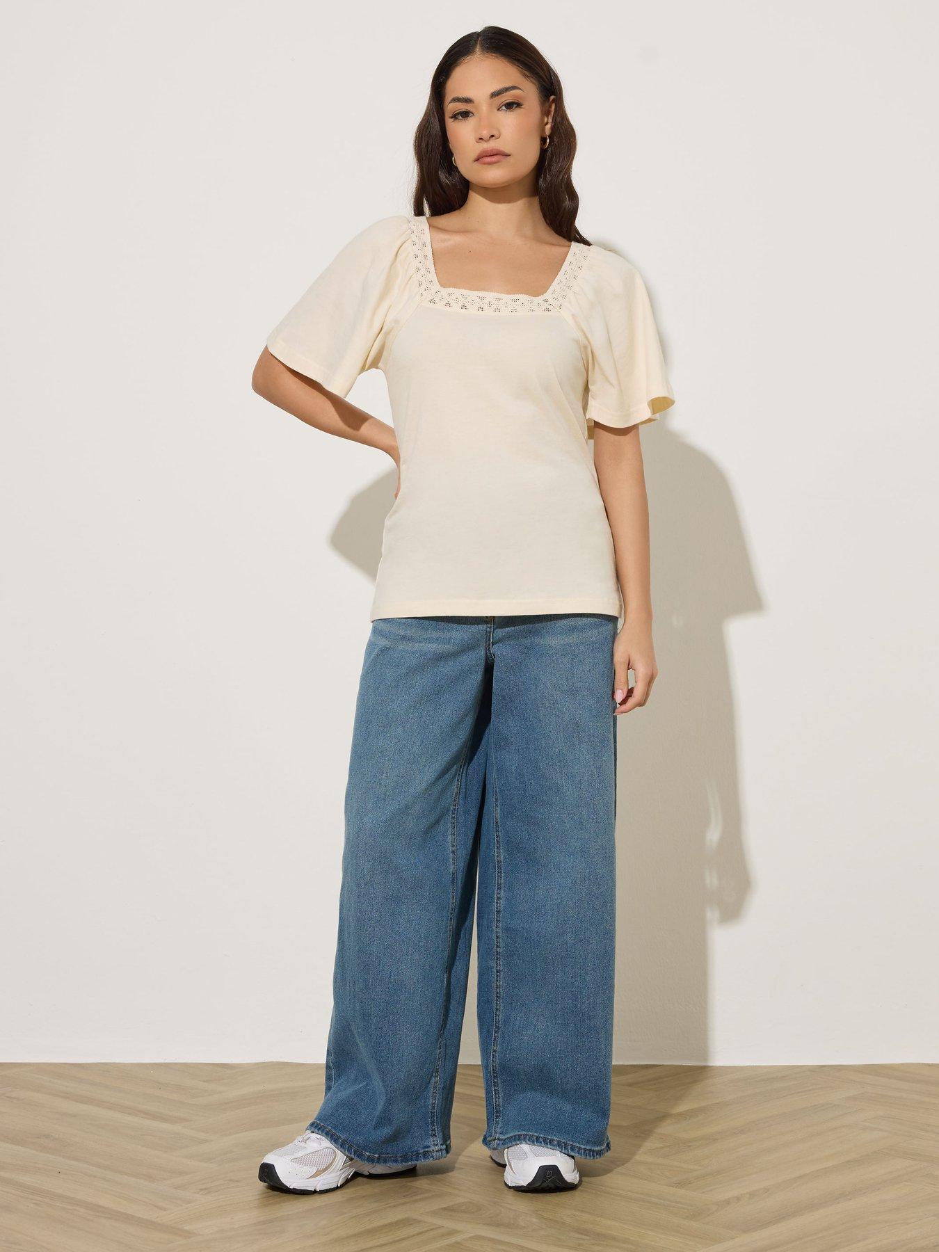  image of pixiegirl-petite-crochet-neck-flutter-sleeve-top-cream