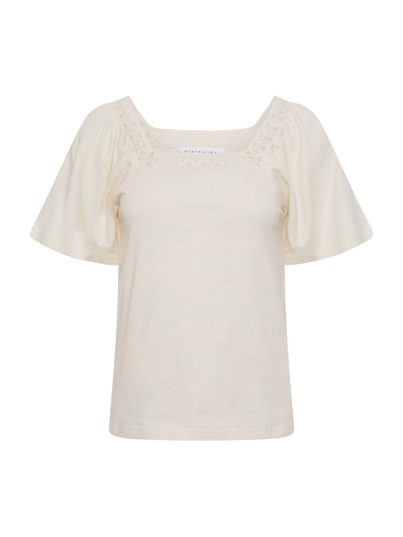  image of pixiegirl-petite-crochet-neck-flutter-sleeve-top-cream