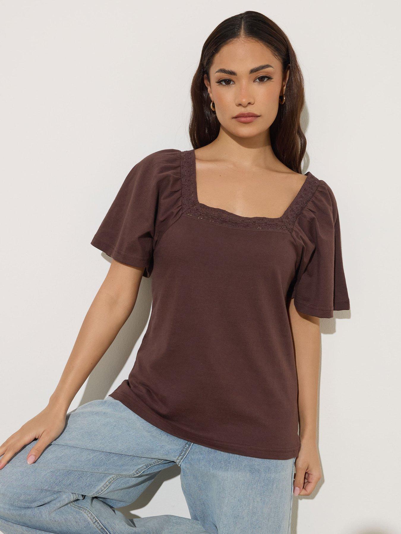 pixiegirl-petite-crochet-neck-flutter-sleeve-top-brown
