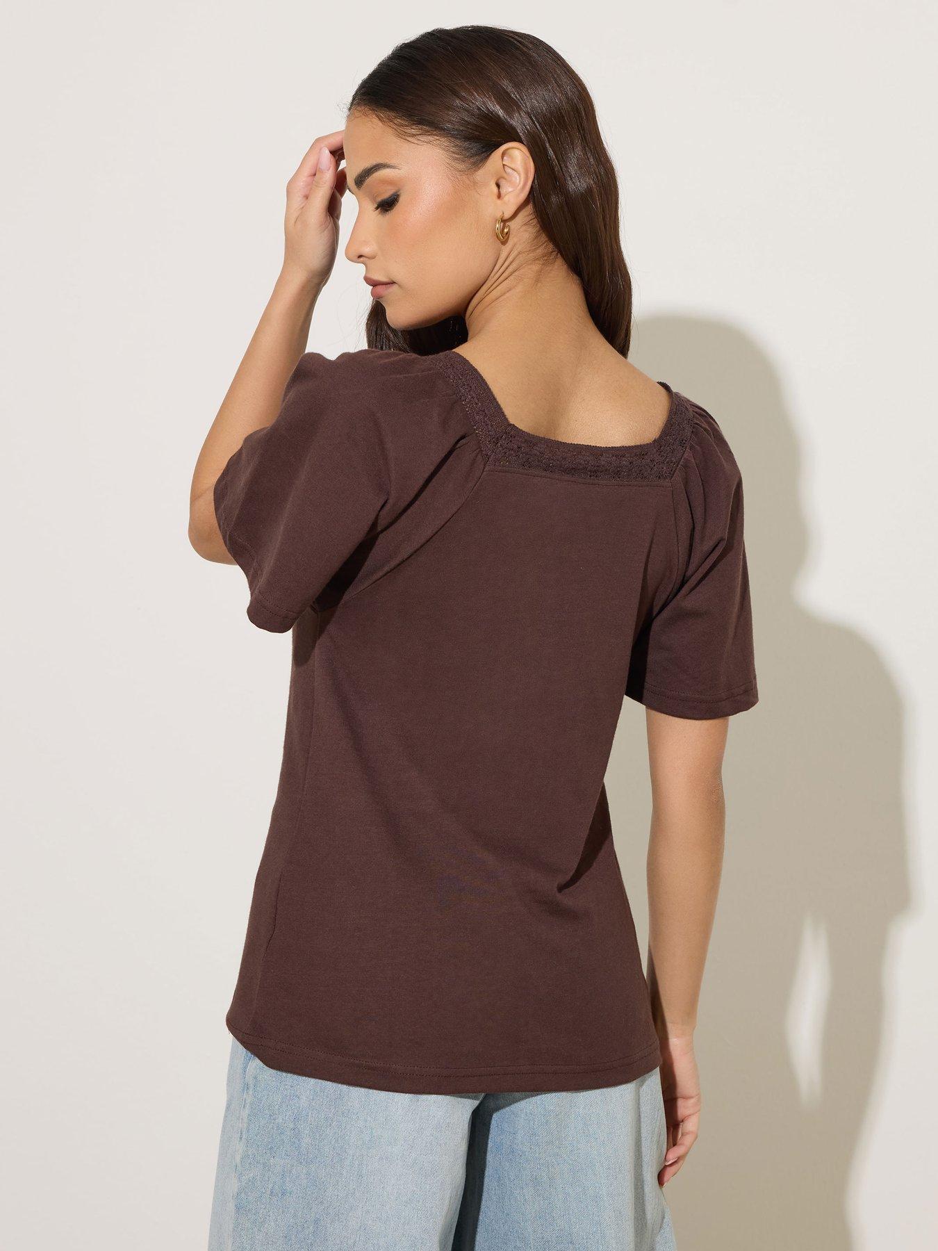 Image 2 of 5 of PixieGirl Petite Crochet Neck Flutter Sleeve Top - Brown