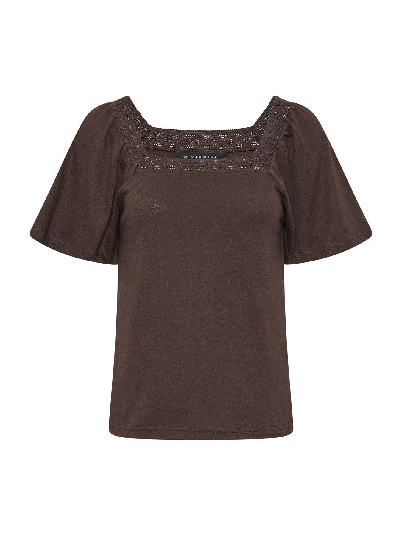 Image 5 of 5 of PixieGirl Petite Crochet Neck Flutter Sleeve Top - Brown