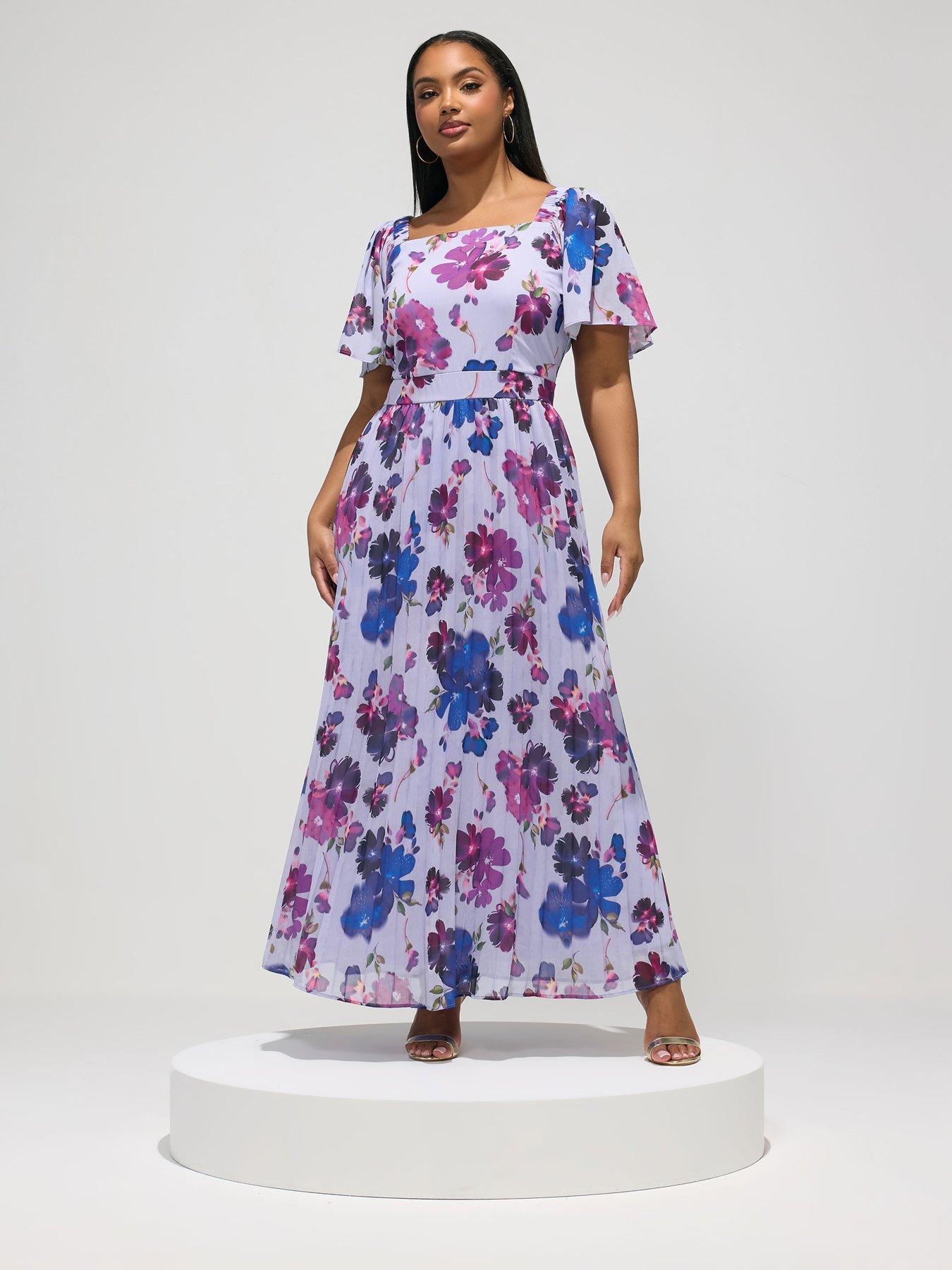 Yours Curve Floral Square Neck Pleat Dress