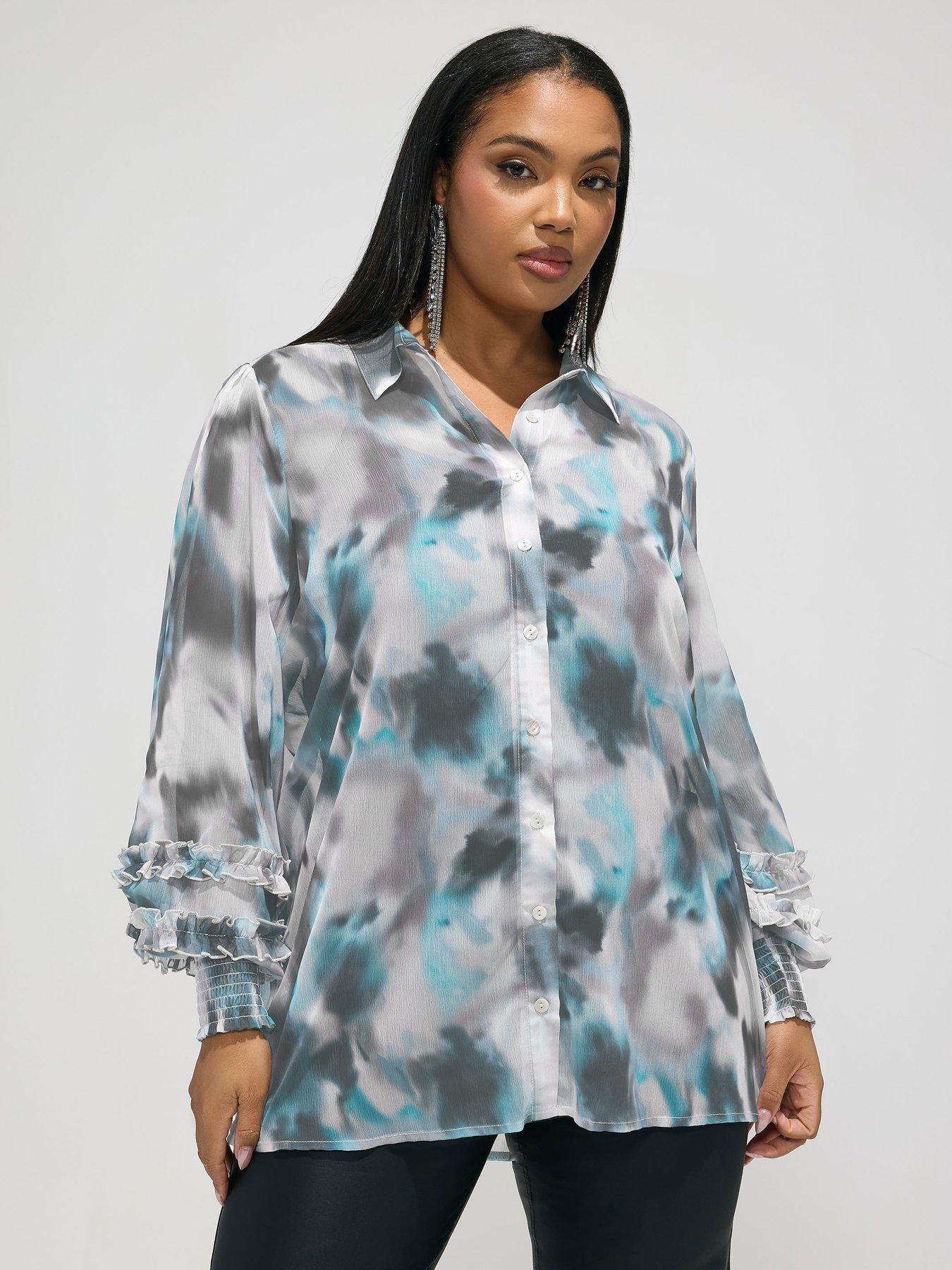 Yours Curve Abstract Print Cuffed Shirt - Cream