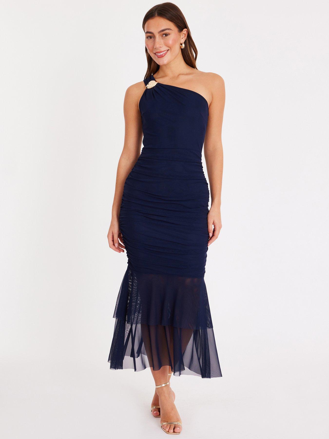 Quiz Navy Mesh One Shoulder Midaxi Dress