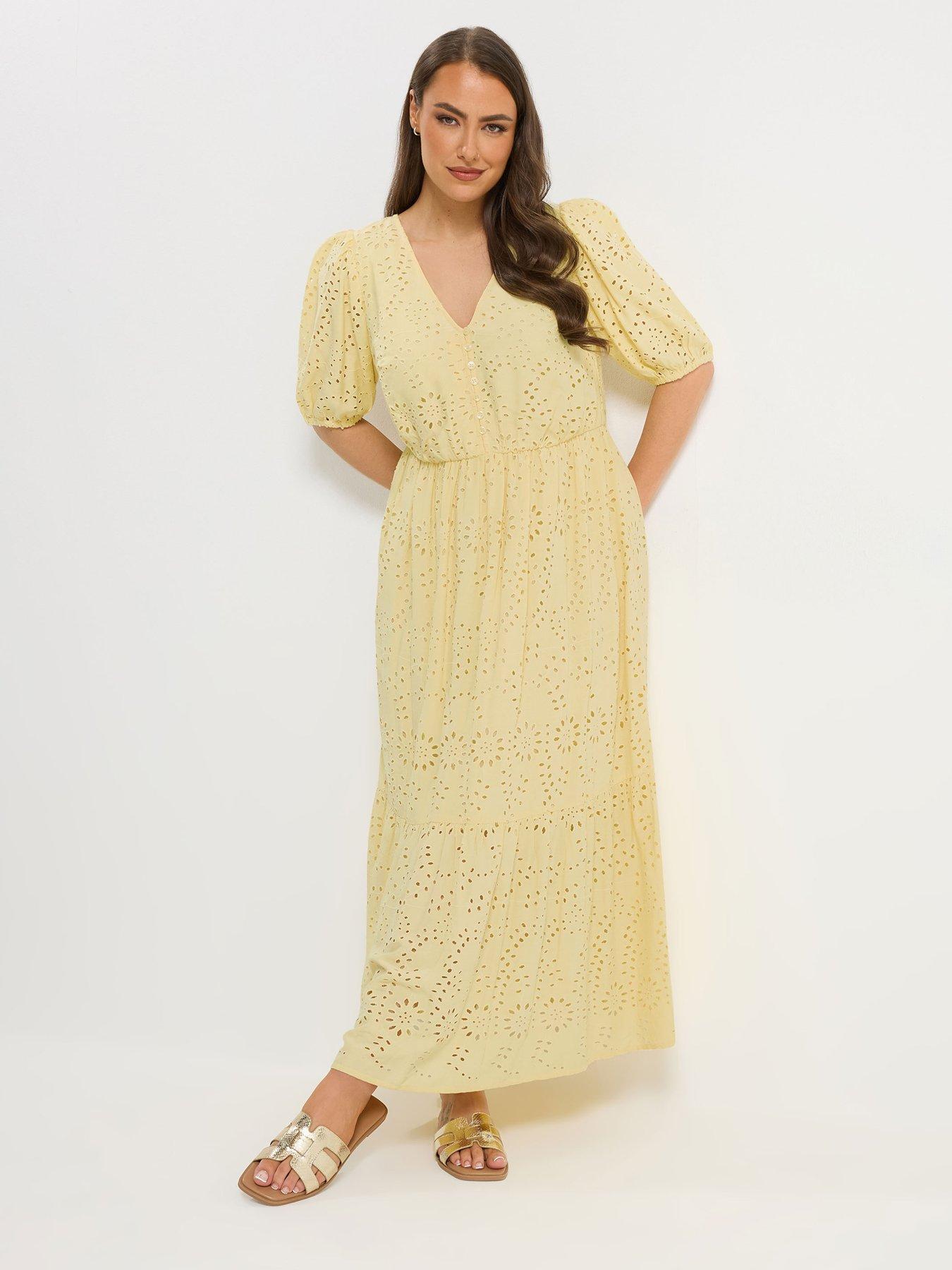 Yours Curve Broderie Tea Dress - Yellow