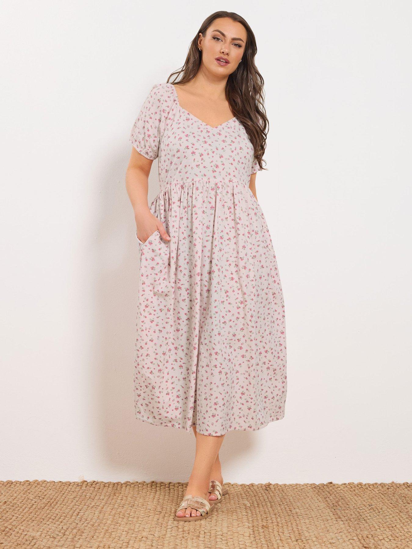 Image 3 of 5 of Yours Curve Puffed Short Sleeve Midaxi Dress - Pink