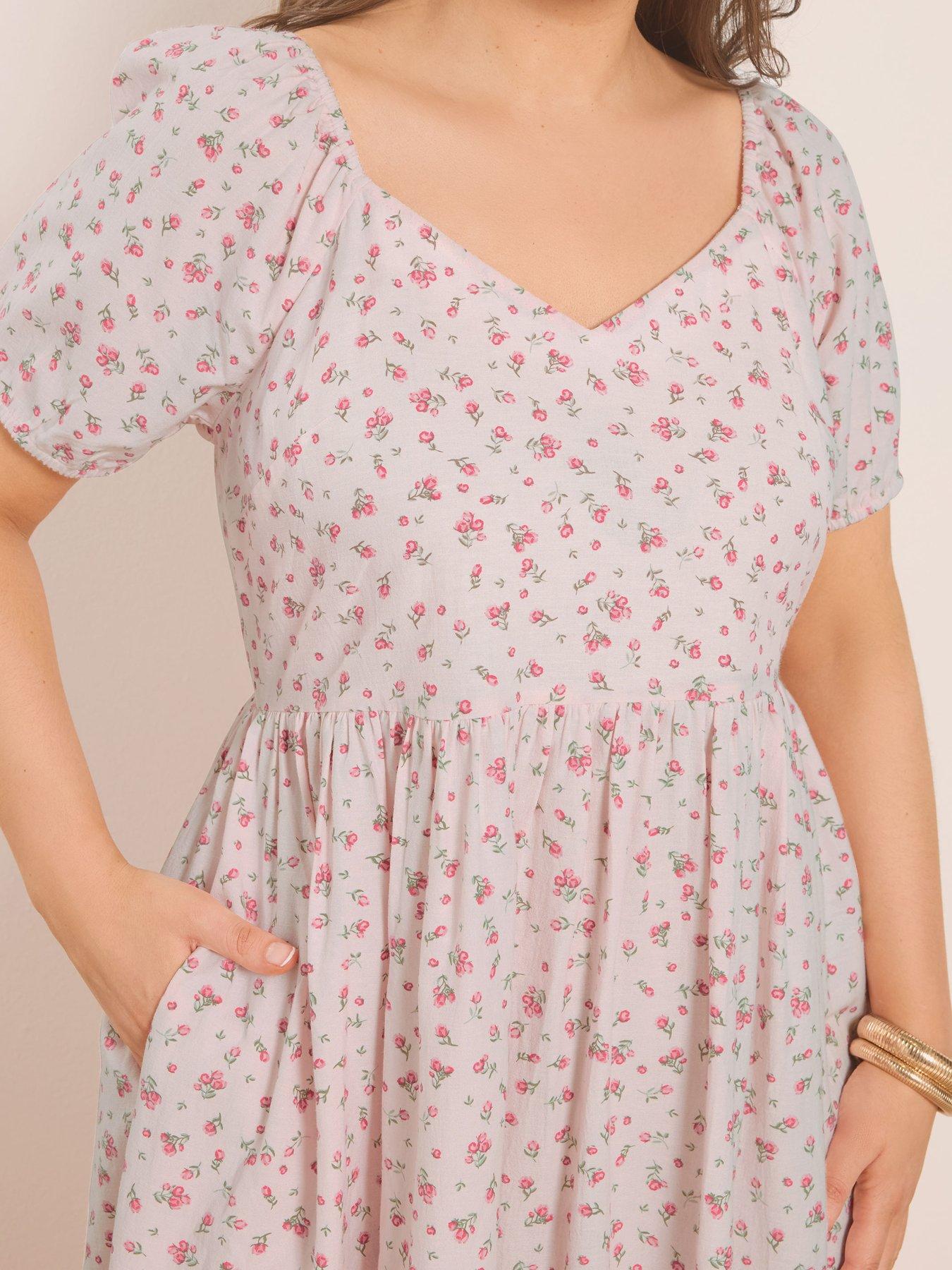 Image 4 of 5 of Yours Curve Puffed Short Sleeve Midaxi Dress - Pink