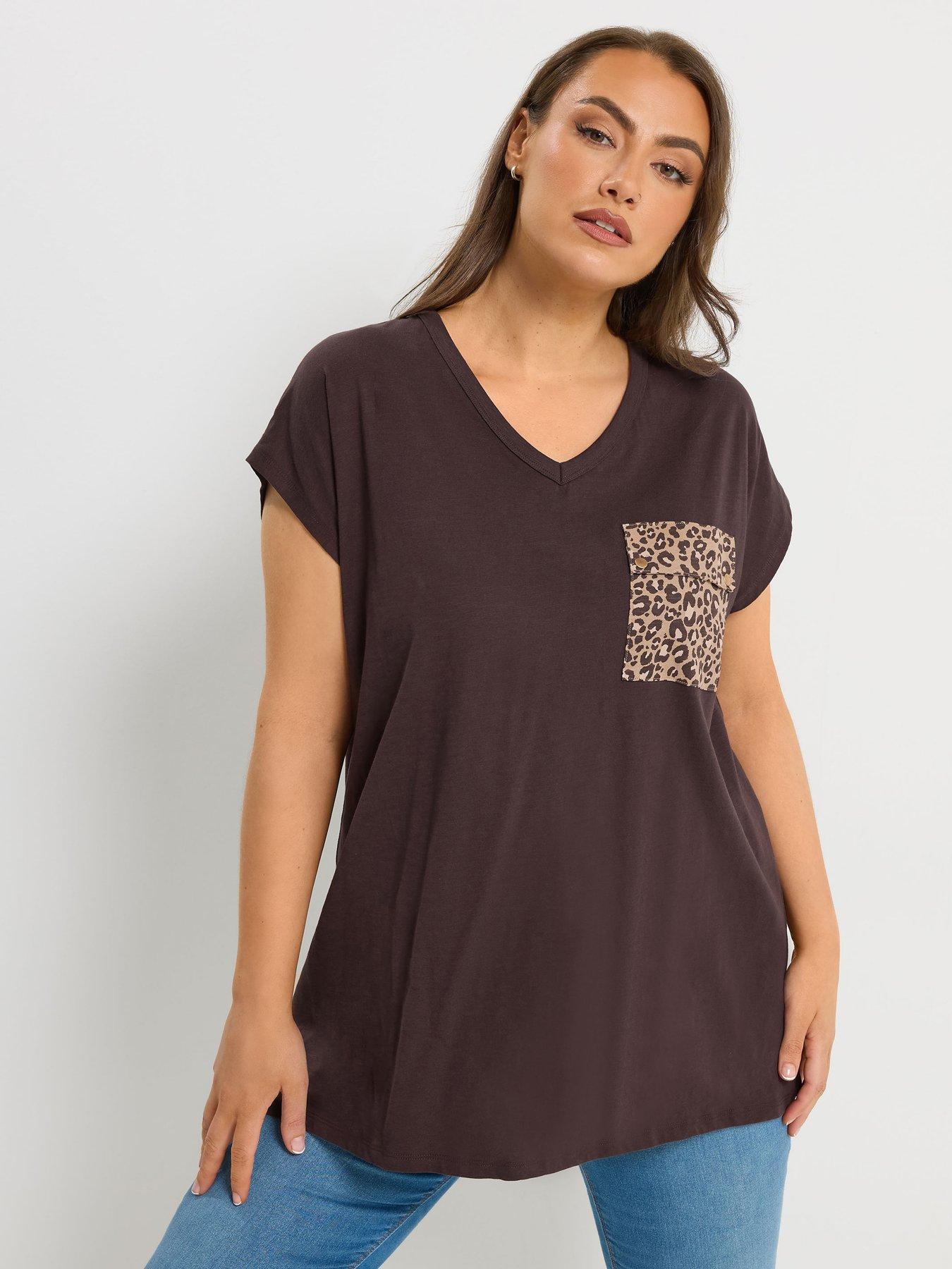 Yours Curve Stud Pocket T-Shirt - Brown