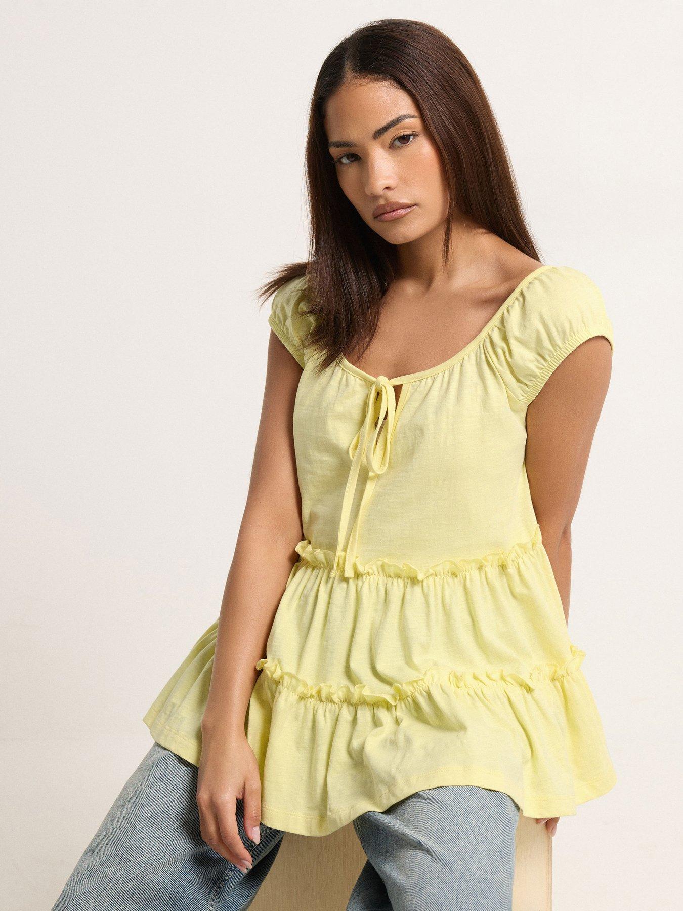  image of pixiegirl-petite-lemon-short-sleeve-tiered-top-yellow