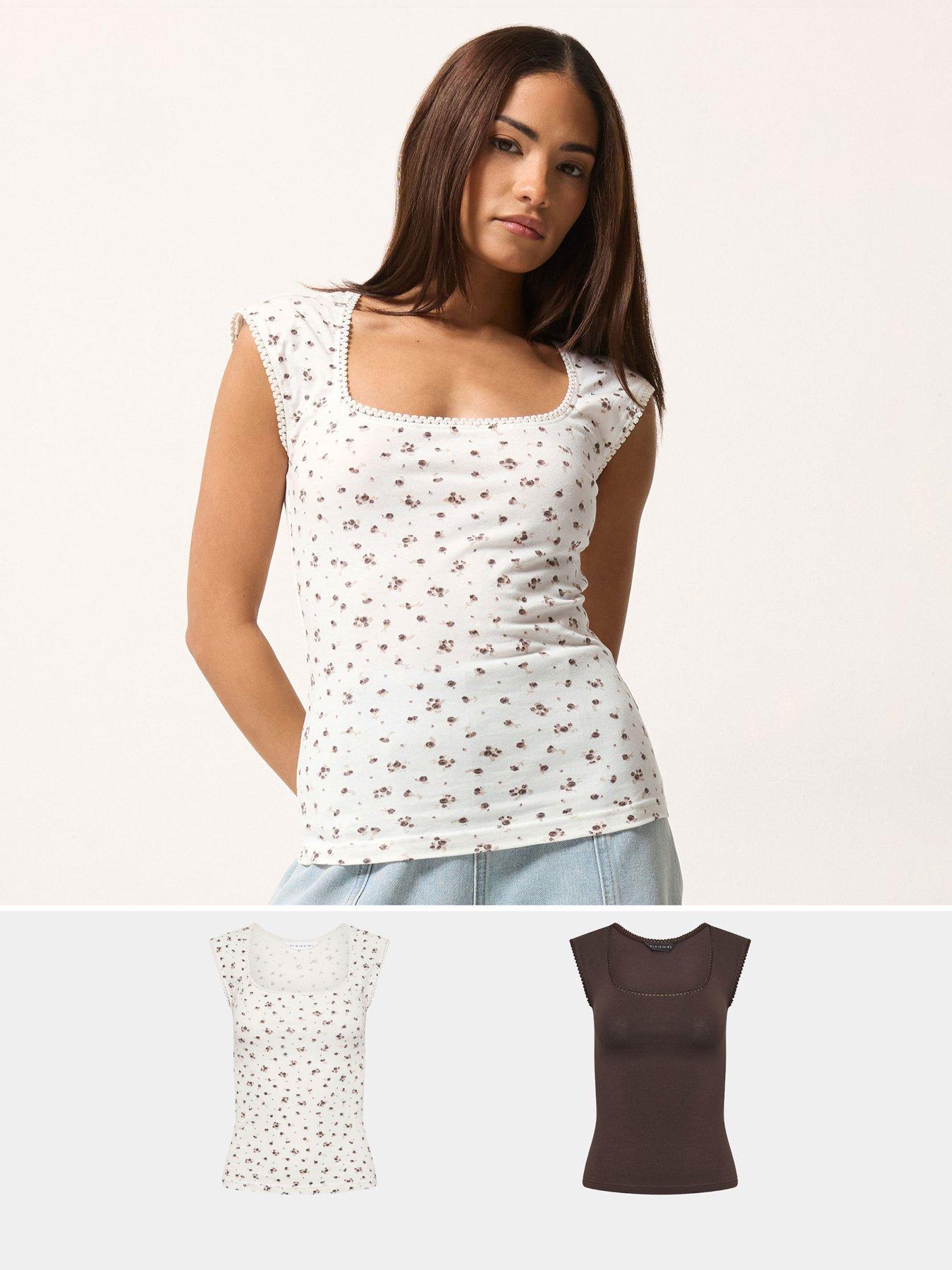  image of pixiegirl-petite-2-pack-ditsy-square-neck-vest-brownprint