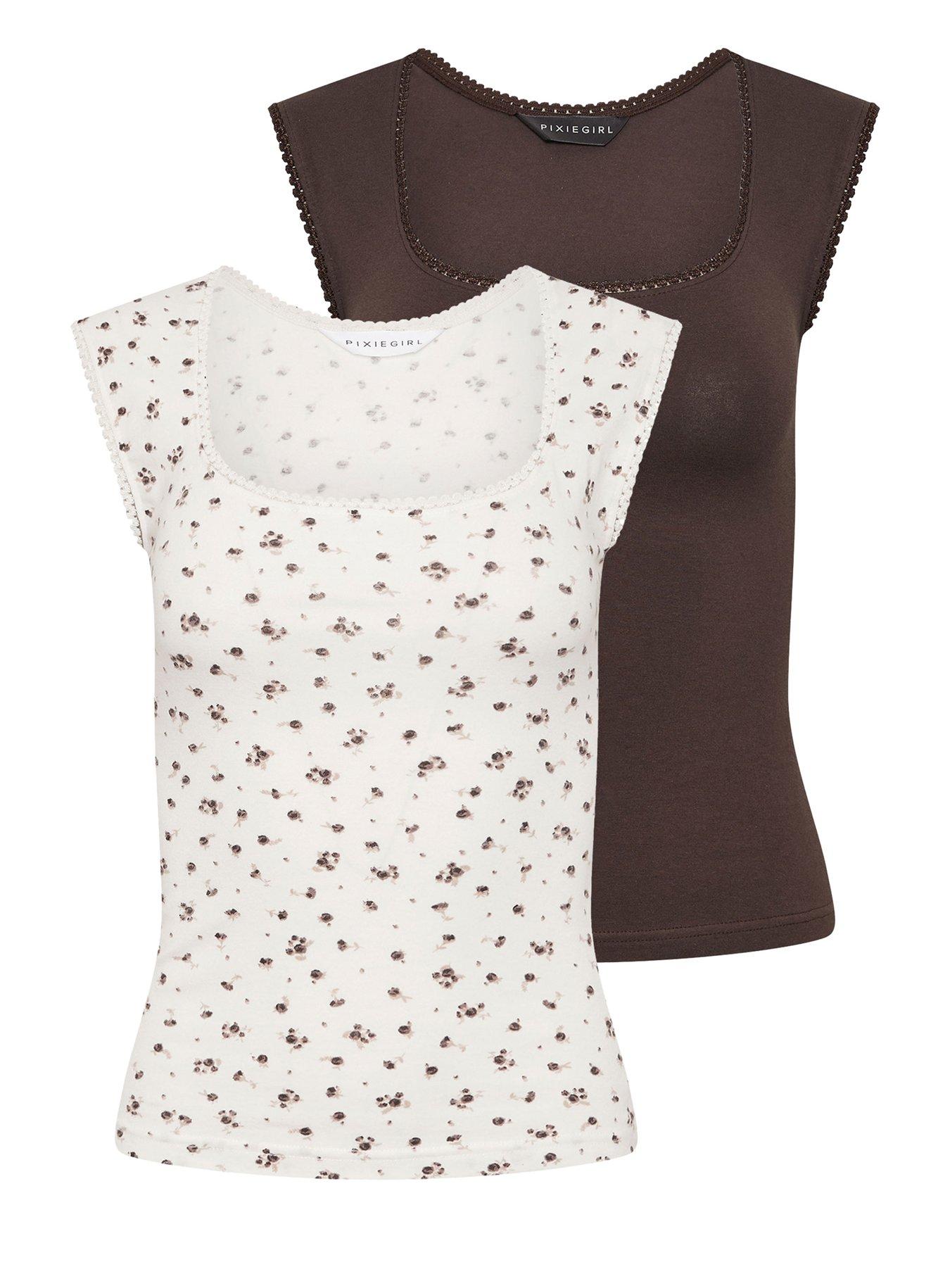  image of pixiegirl-petite-2-pack-ditsy-square-neck-vest-brownprint
