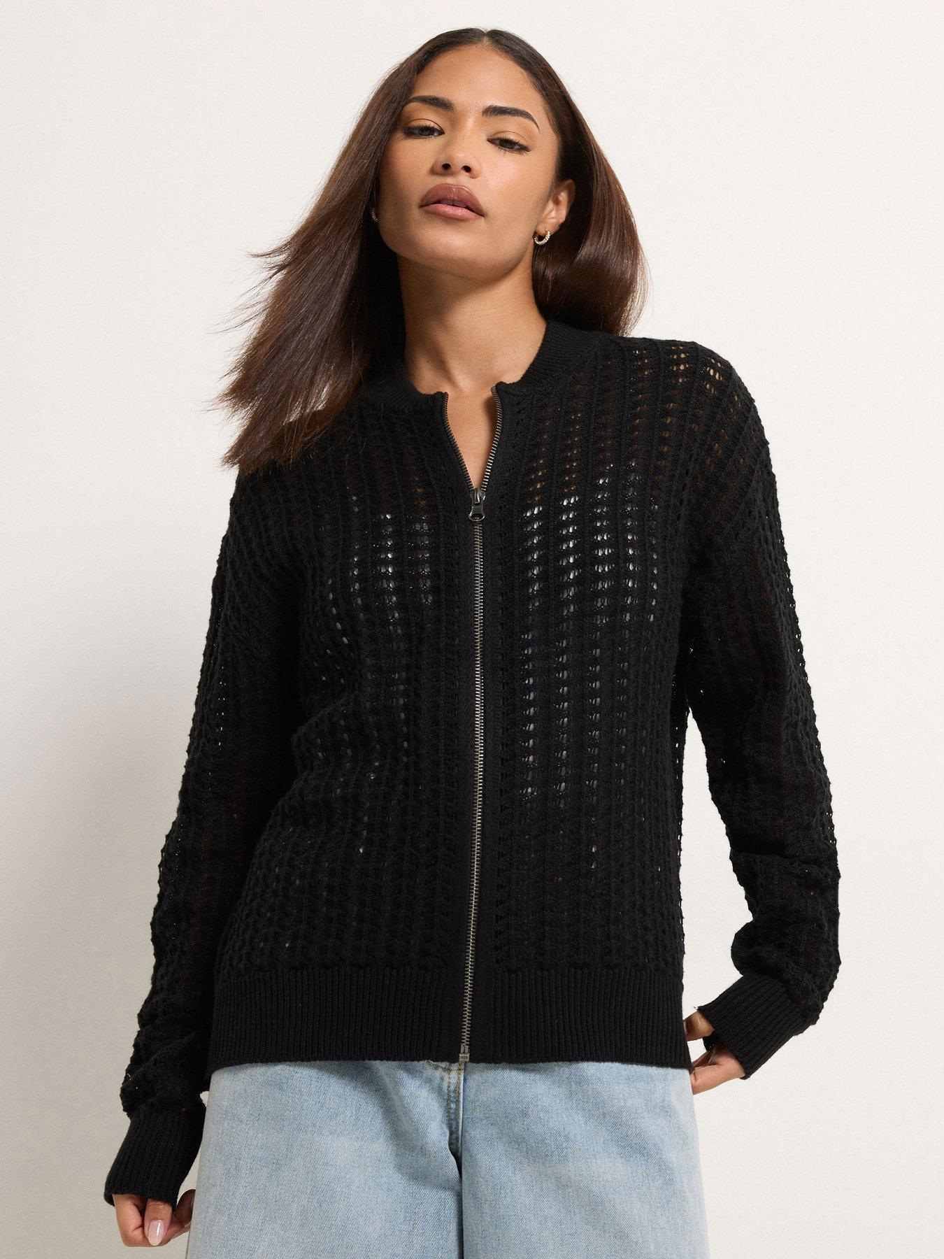 PixieGirl Petite Crochet Bomber Cardigan - Black