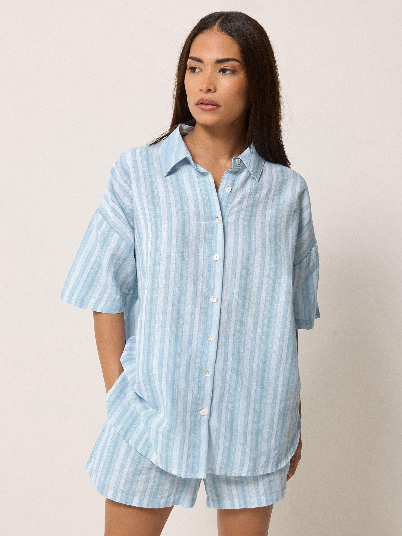PixieGirl Petite Stripe Short Sleeve Shirt Containing Linen - Blue
