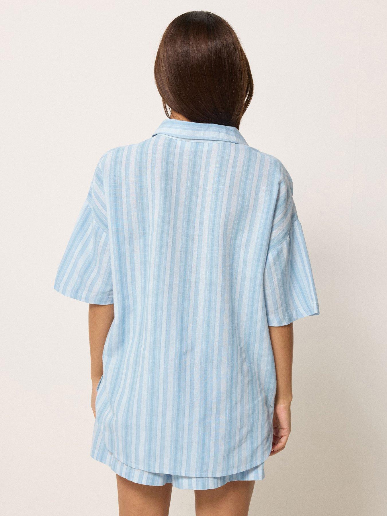 Image 2 of 4 of PixieGirl Petite Stripe Short Sleeve Shirt Containing Linen - Blue