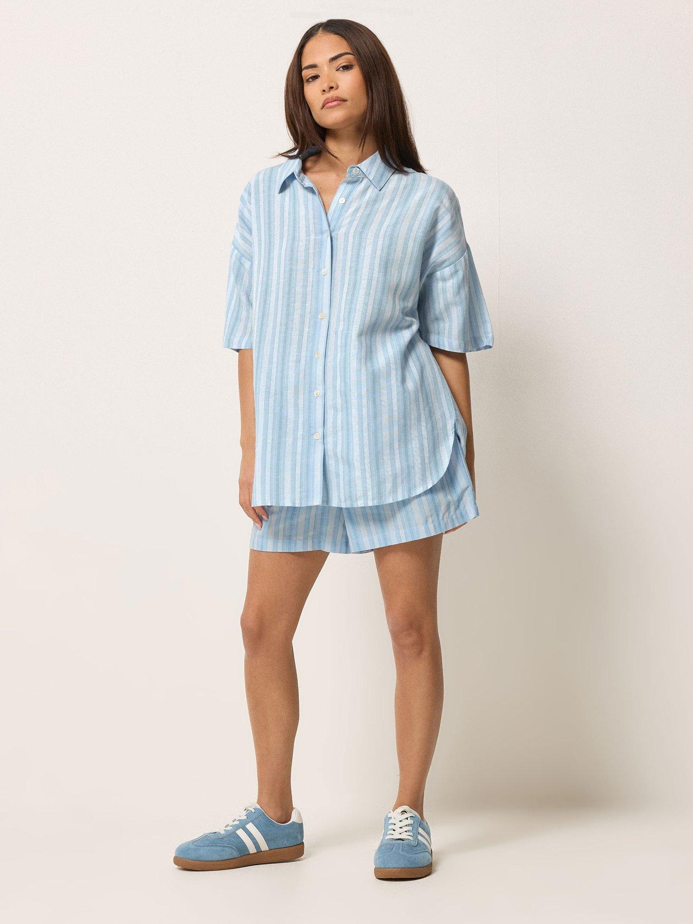 Image 3 of 4 of PixieGirl Petite Stripe Short Sleeve Shirt Containing Linen - Blue