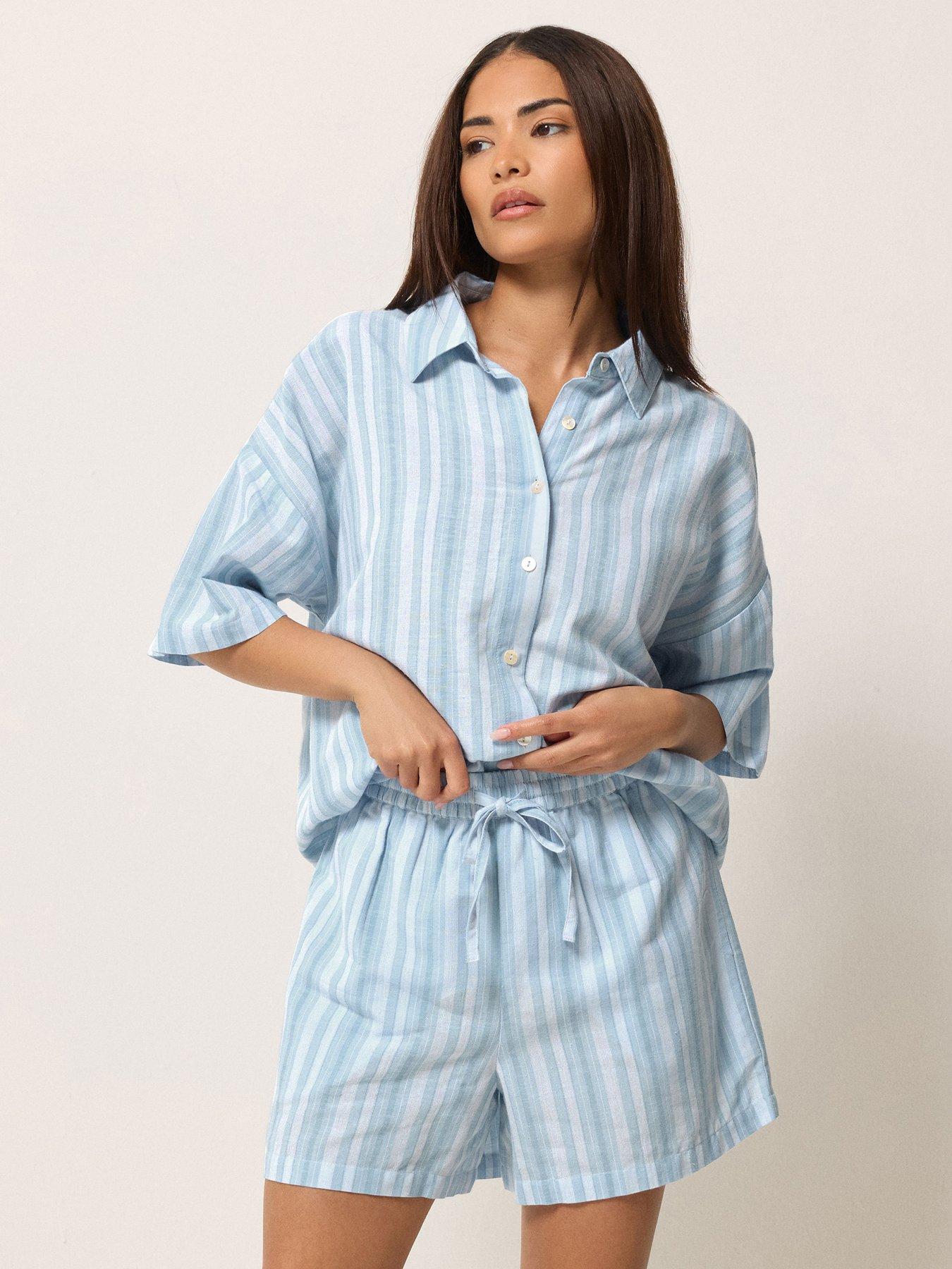 PixieGirl Petite Stripe Short Sleeve Shorts Containing Linen - Blue
