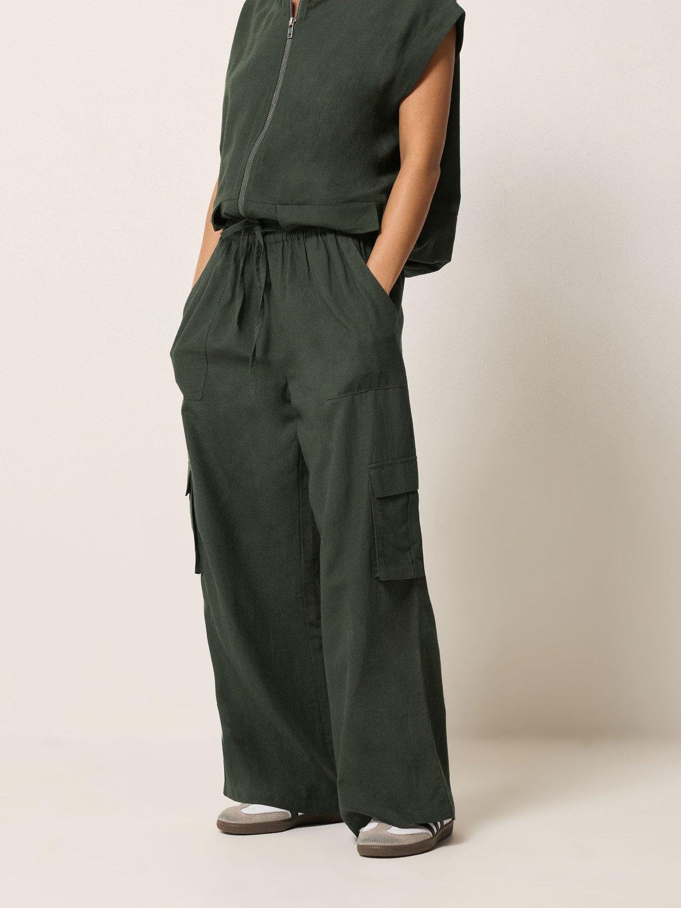 PixieGirl Petite Cargo Wide Leg Trousers Containing Linen - Green