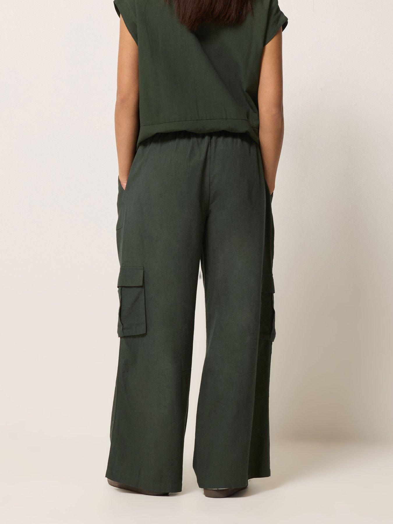 Image 2 of 5 of PixieGirl Petite Cargo Wide Leg Trousers Containing Linen - Green