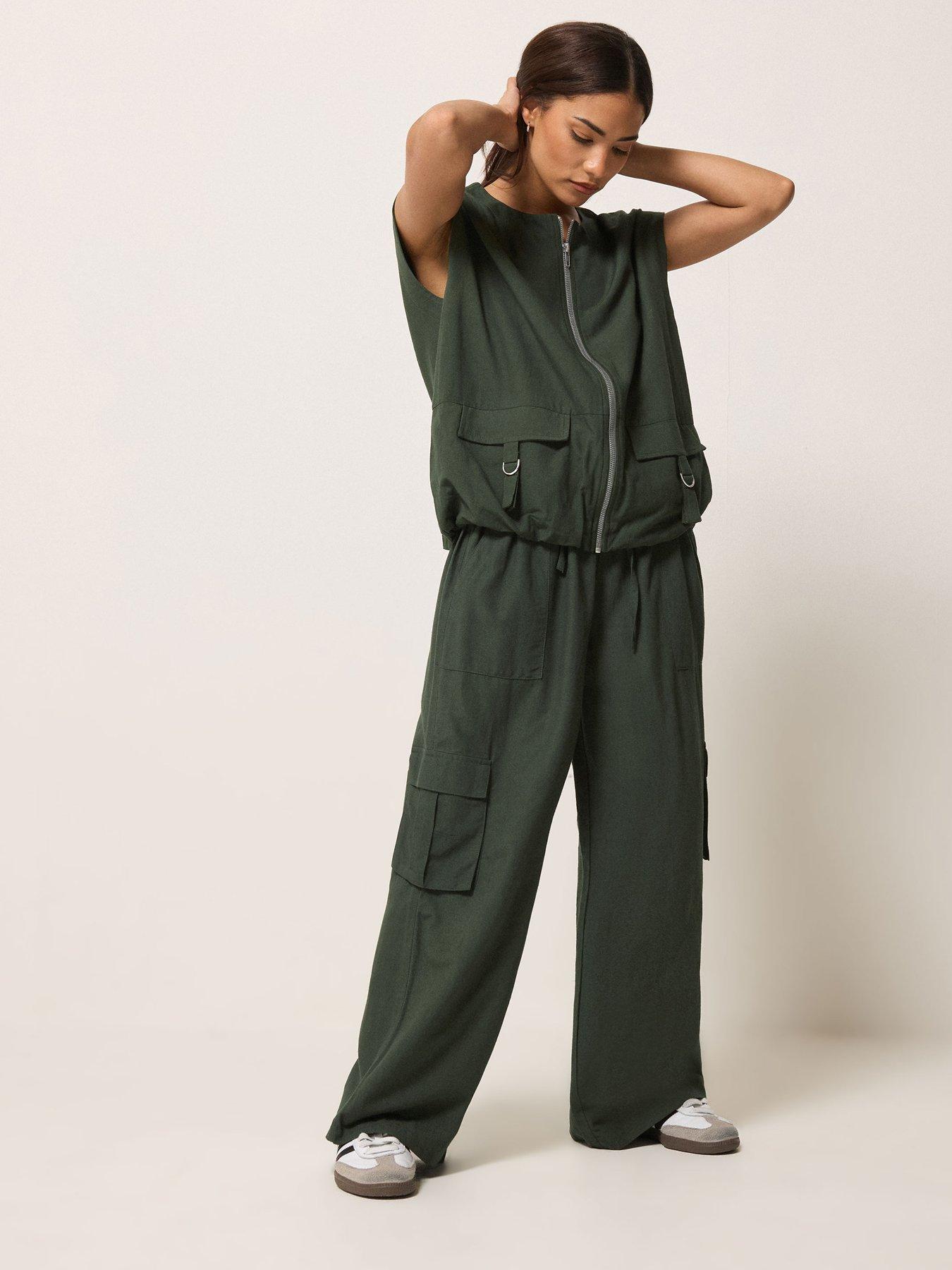Image 3 of 5 of PixieGirl Petite Cargo Wide Leg Trousers Containing Linen - Green
