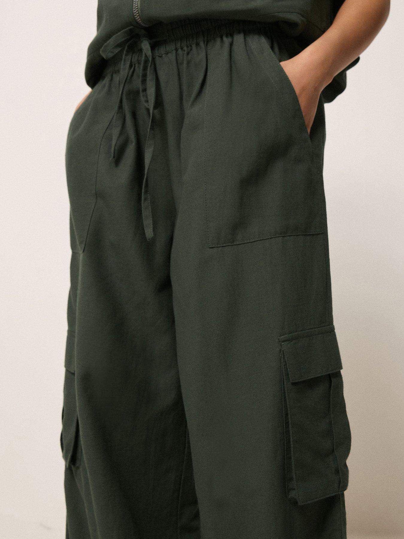 Image 4 of 5 of PixieGirl Petite Cargo Wide Leg Trousers Containing Linen - Green