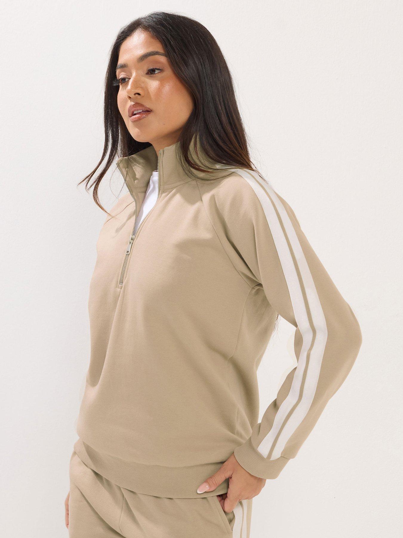 PixieGirl Petite Stripe Quarter Zip Sweat Top - Cream