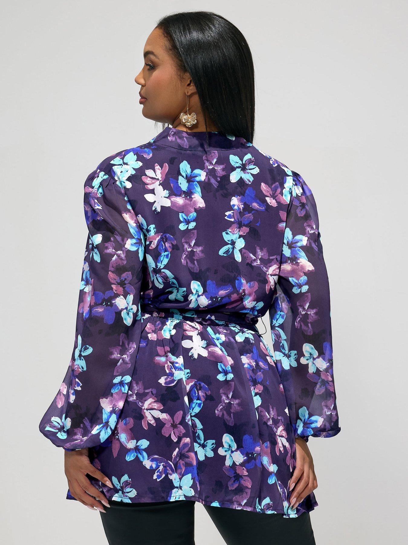 Image 2 of 5 of Yours Curve Floral Wrap Top - Blue