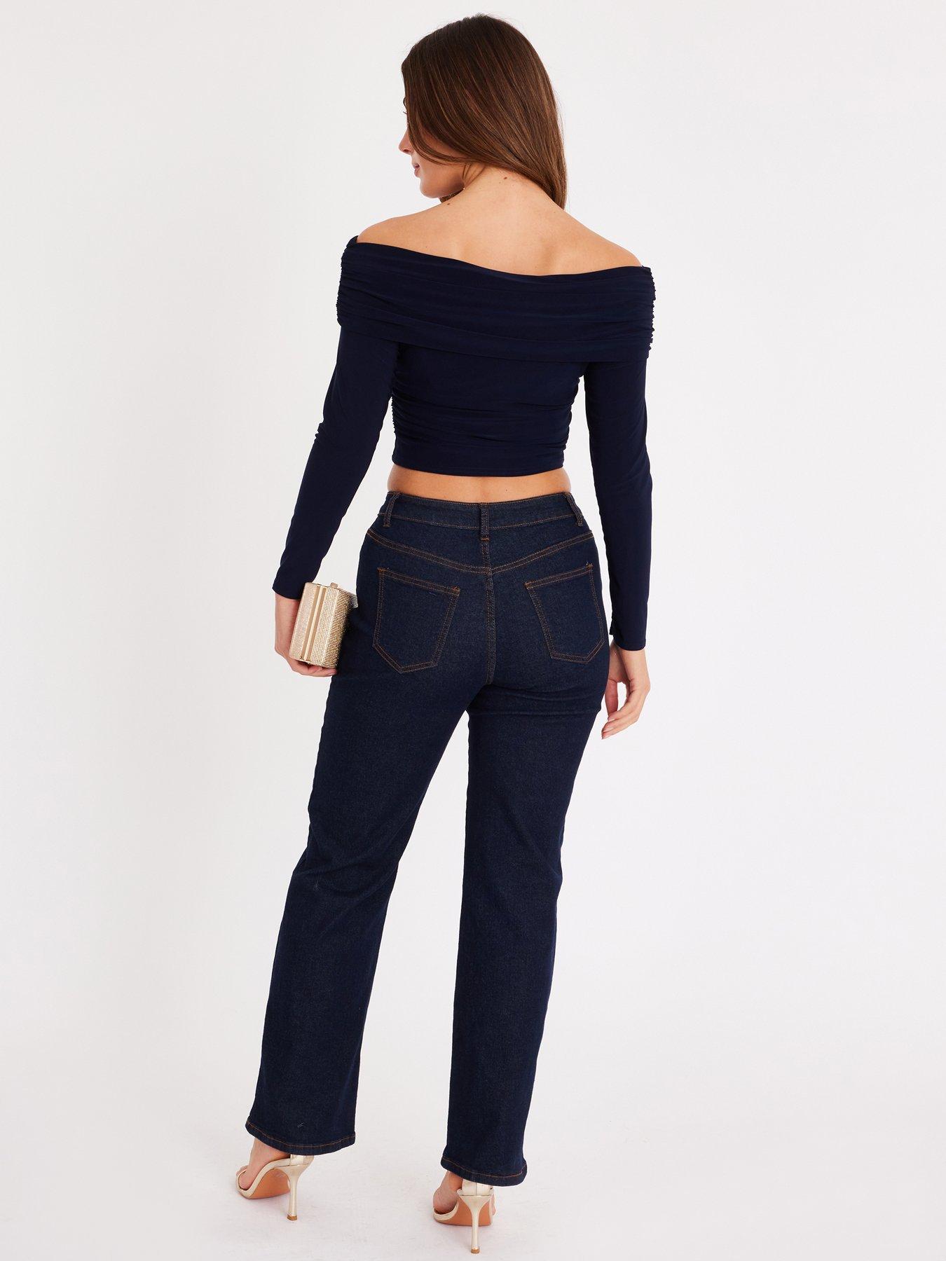Image 2 of 6 of Quiz Navy Bardot Buckle Embellished Crop Top