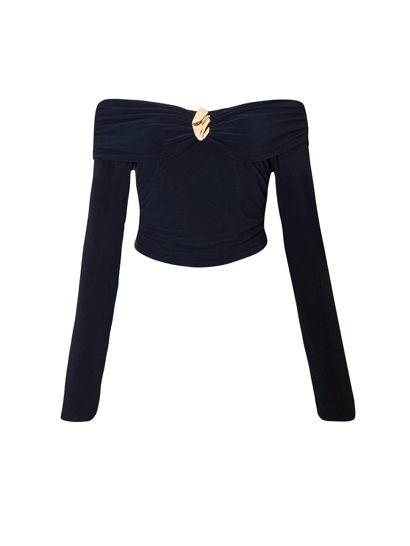 Image 4 of 6 of Quiz Navy Bardot Buckle Embellished Crop Top