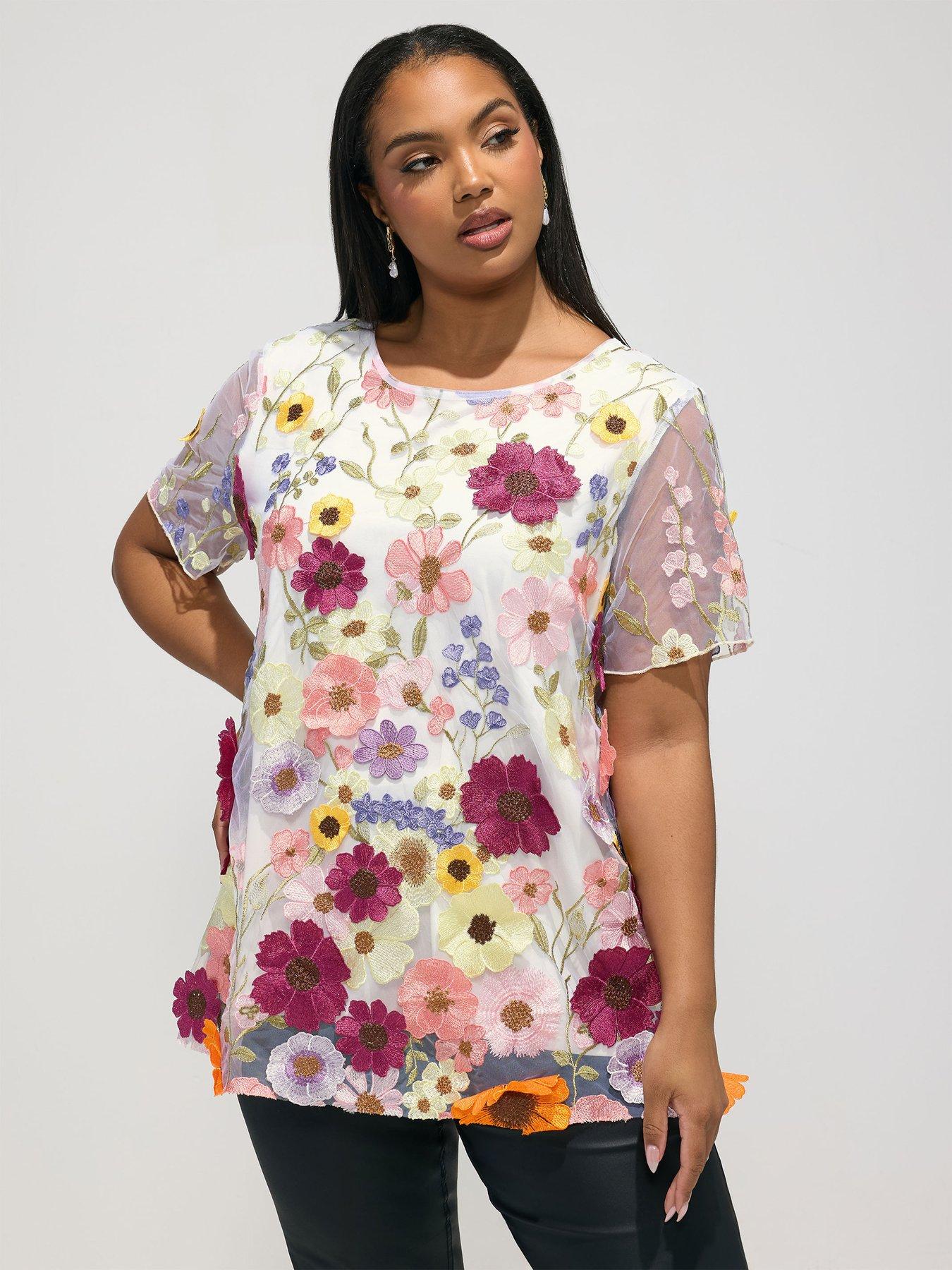 Yours Curve Multi 3D Floral T-Shirt - White