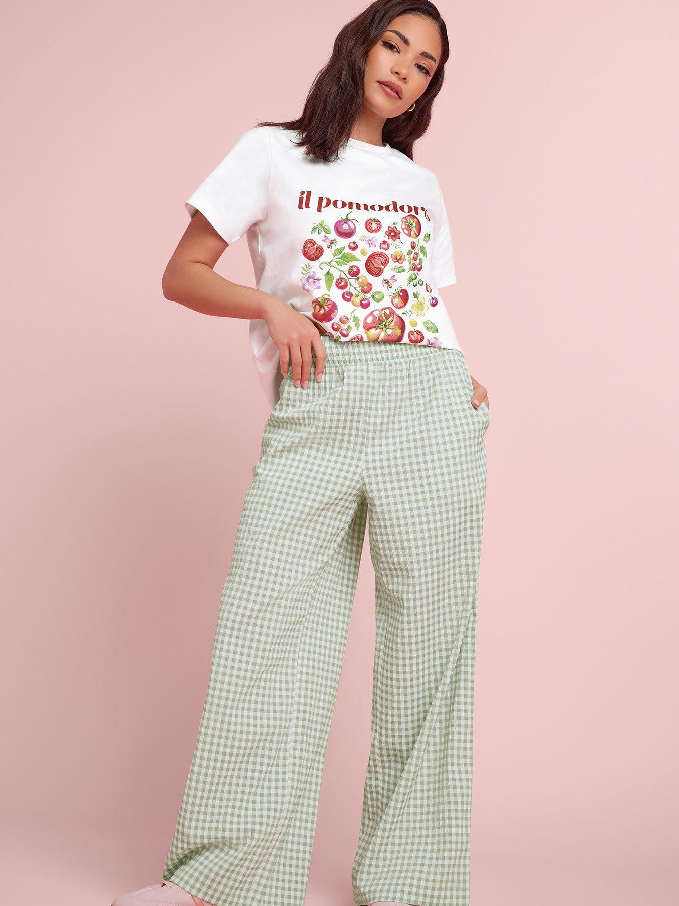 PixieGirl Petite Gingham Shirred Waist Wide Leg Trousers
