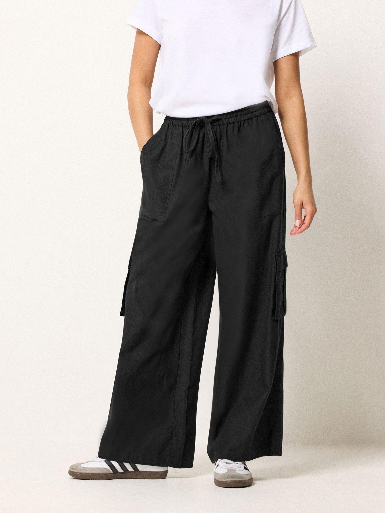 PixieGirl Petite Cargo Wide Leg Trousers Containing Linen - Black