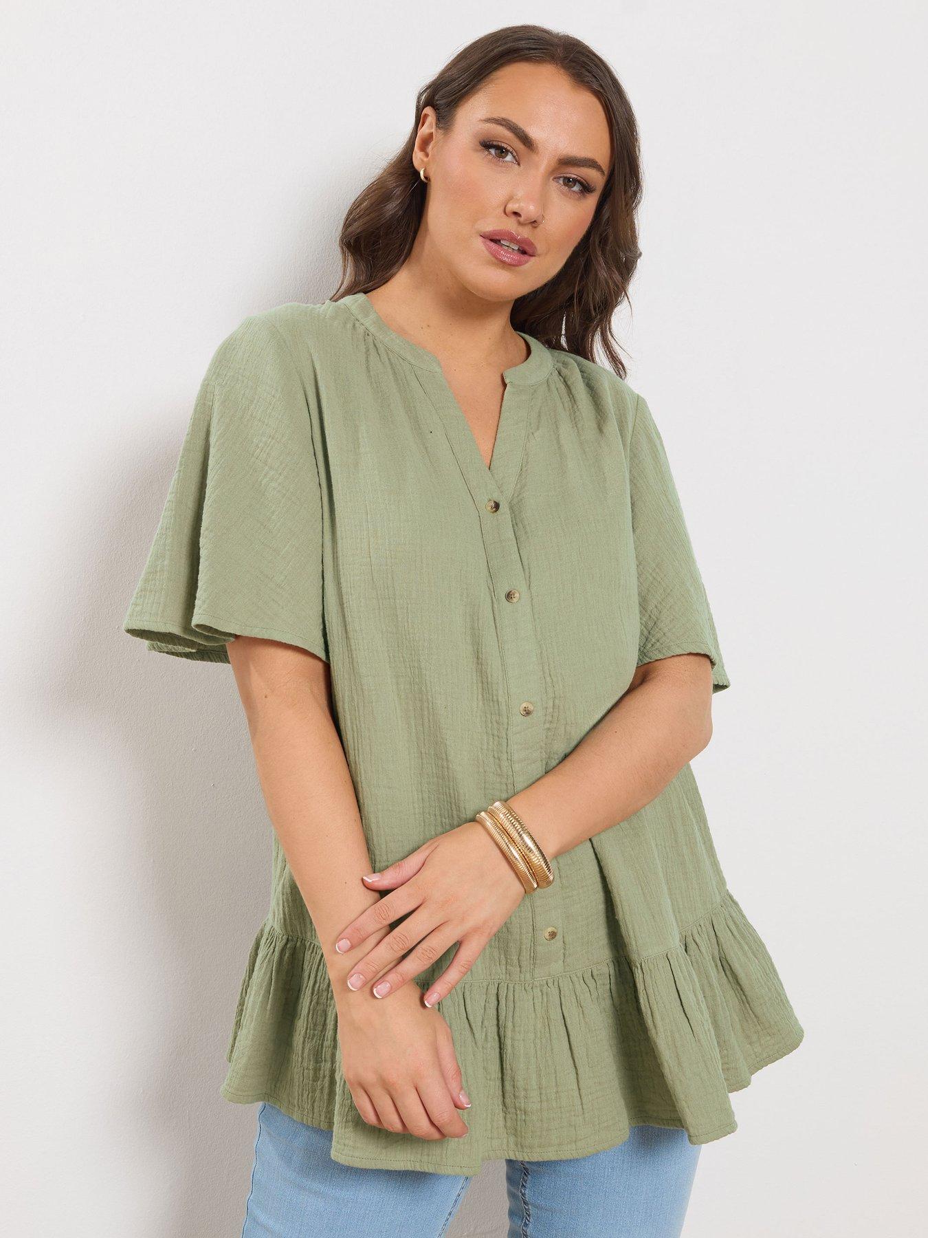 Yours Curve Angel Sleeve Cheesecloth Top - Green