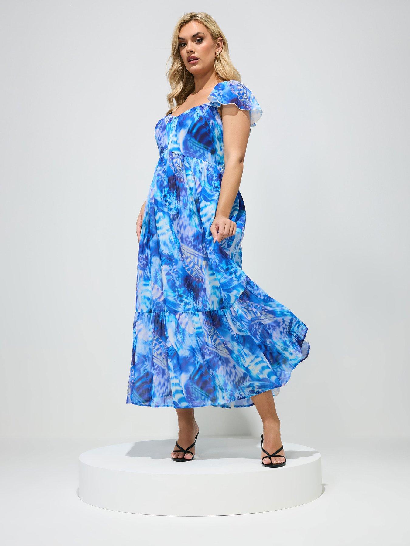 Yours Curve Abstract Print Smock Tiered Dress - Blue