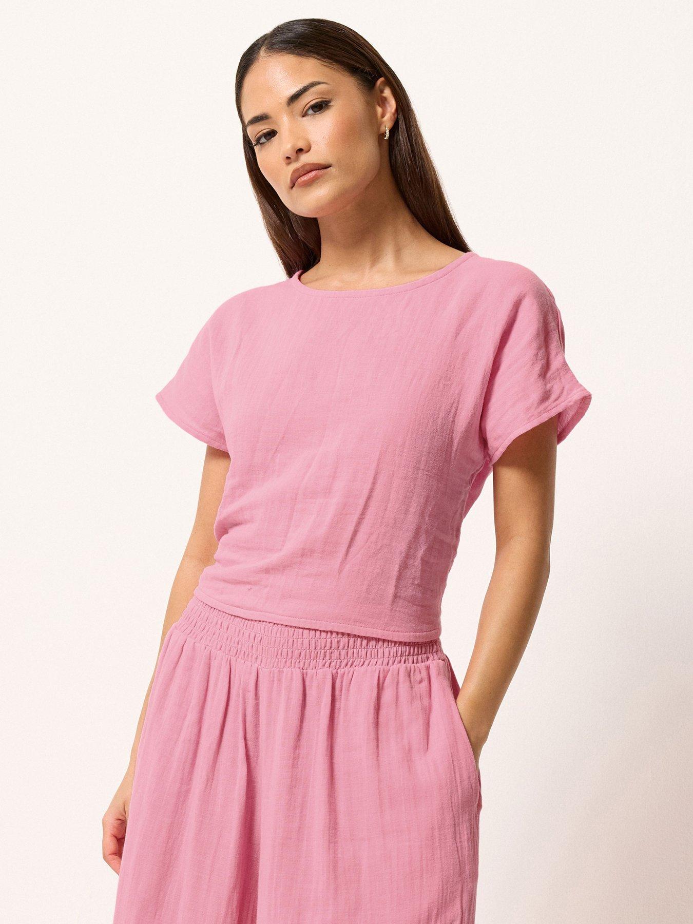 front image of pixiegirl-petite-cheesecloth-lace-back-top-pink