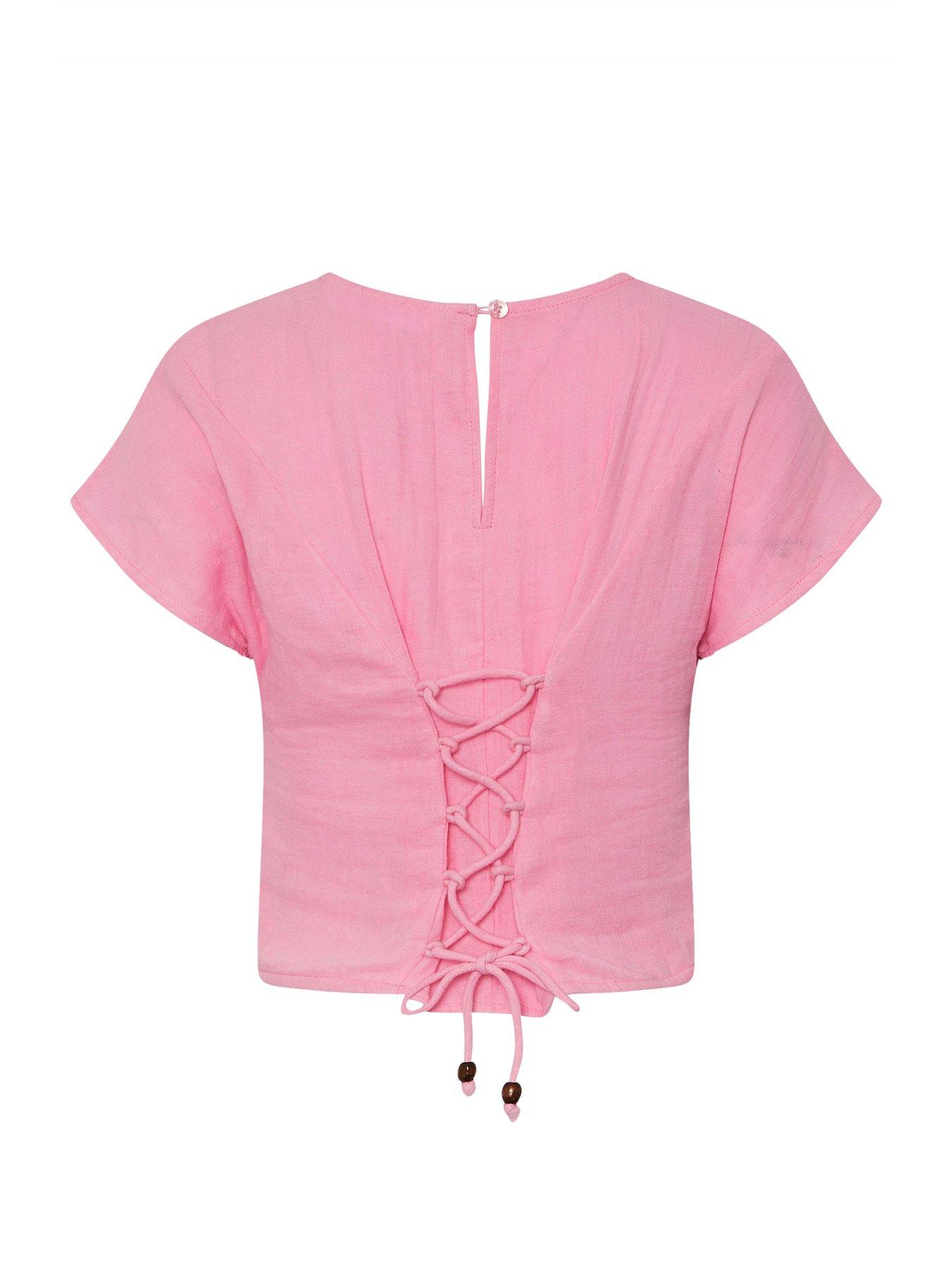  image of pixiegirl-petite-cheesecloth-lace-back-top-pink