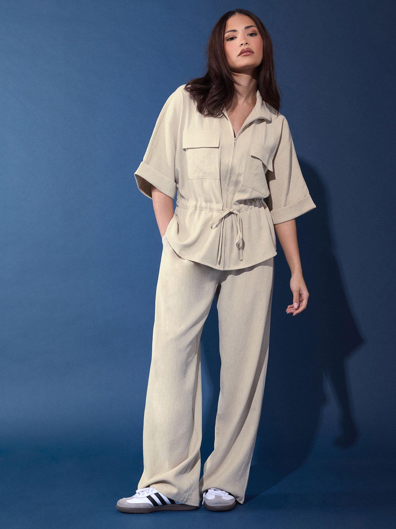 PixieGirl Petite Linen Look Wide Leg Trousers - Cream